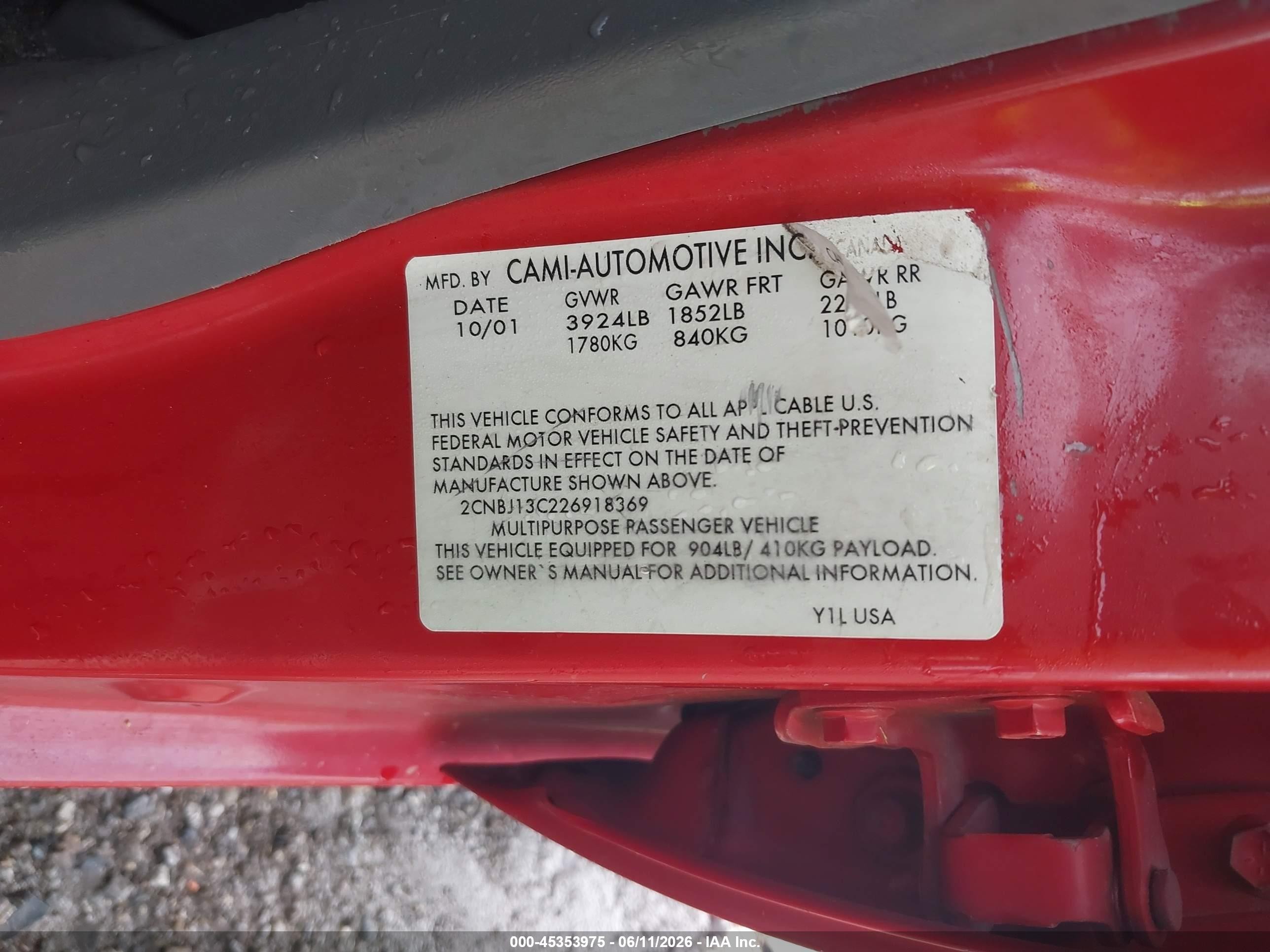 2002 Chevrolet Tracker Hard Top Base Красный vin: 2CNBJ13C226918369