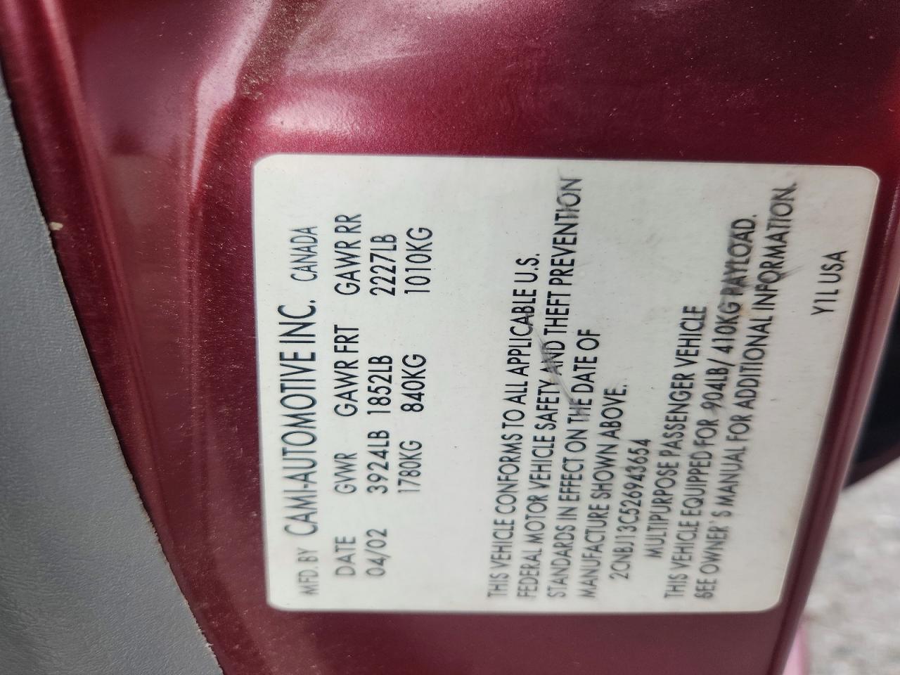 2002 Chevrolet Tracker Burgundy vin: 2CNBJ13C526943654