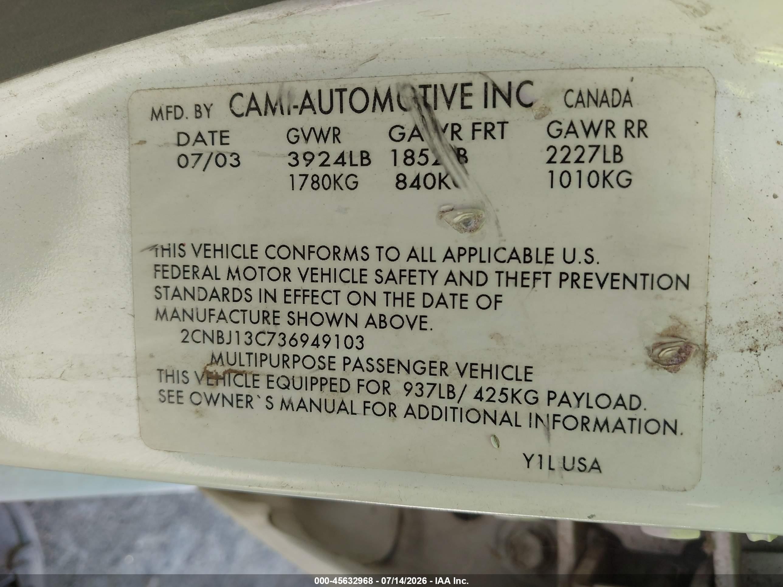 2003 Chevrolet Tracker Hard Top Base Белый vin: 2CNBJ13C736949103