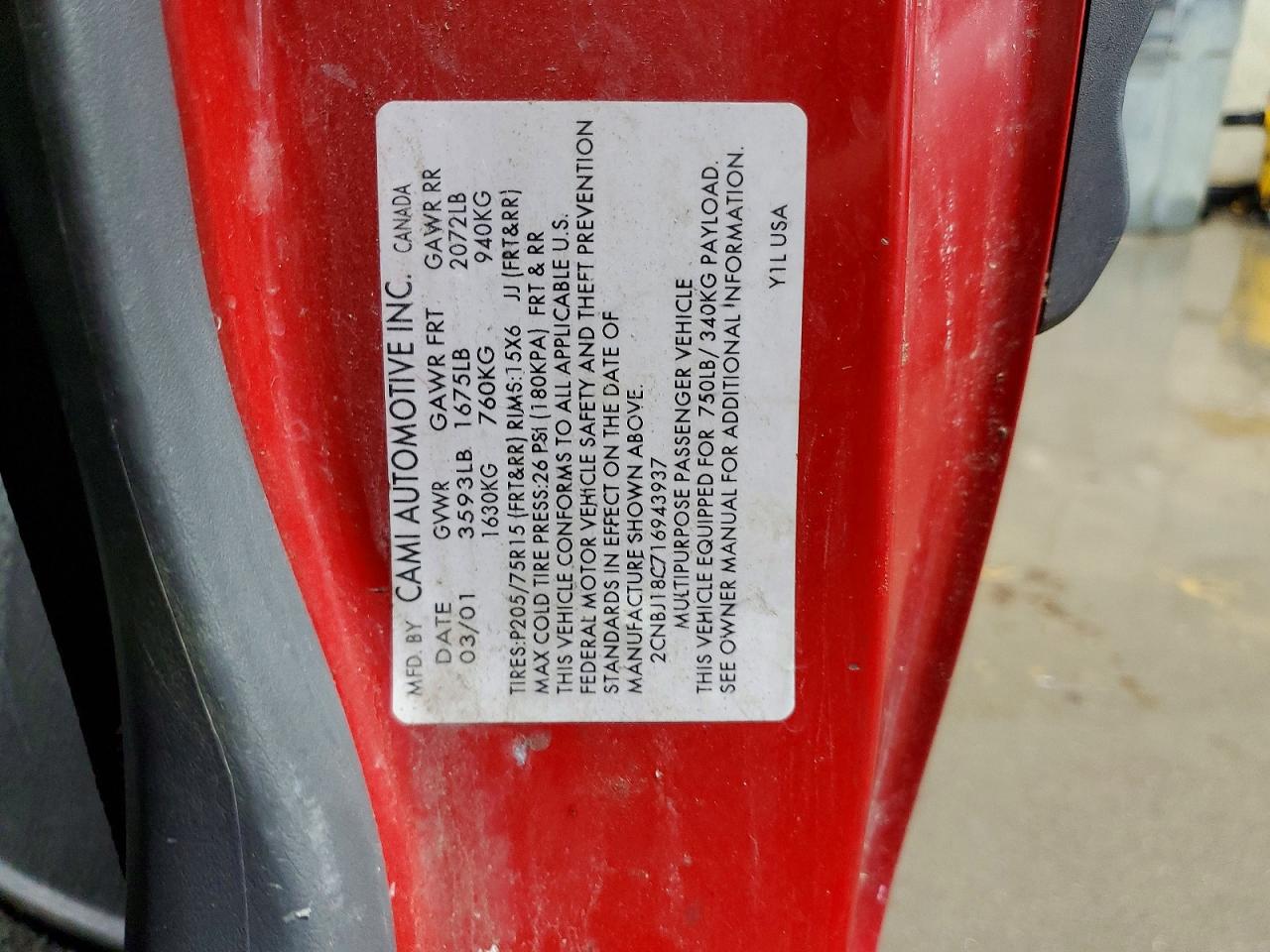 2001 Chevrolet Tracker Red vin: 2CNBJ18C716943937
