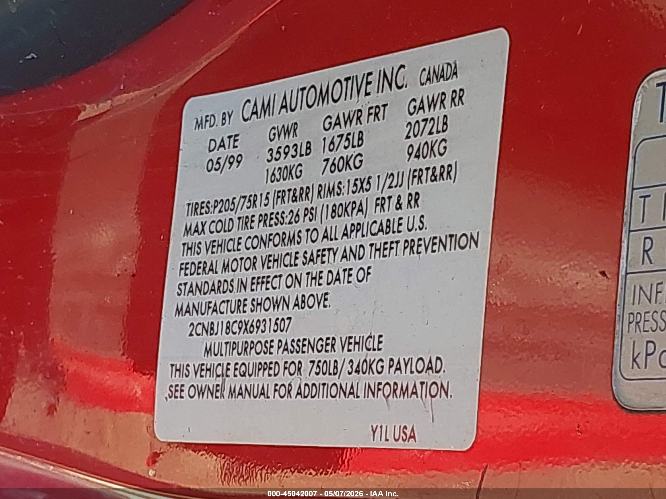 1999 Chevrolet Tracker   Red vin: 2CNBJ18C9X6931507