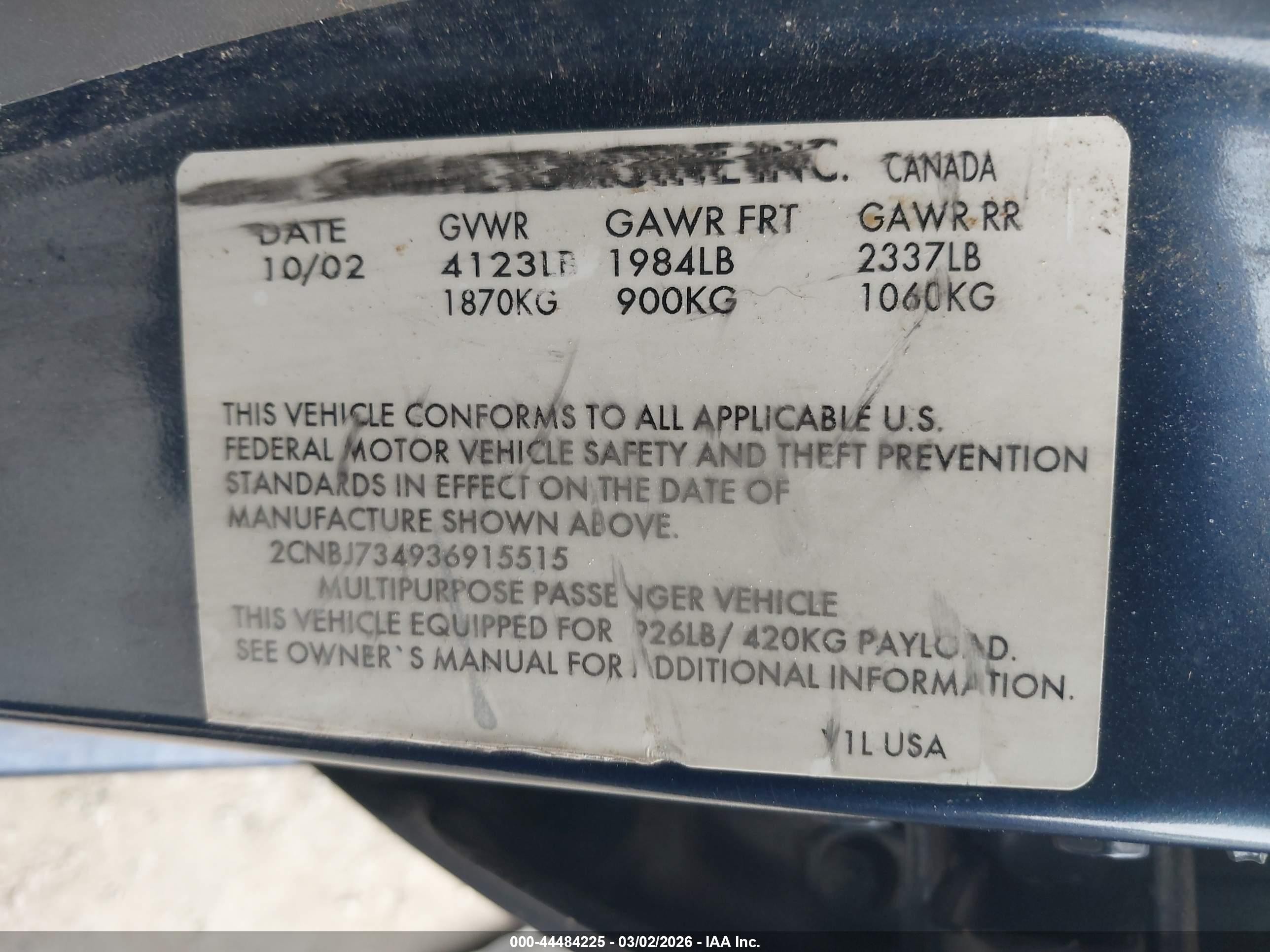 2003 Chevrolet Tracker Hard Top Zr2 Blue vin: 2CNBJ734936915515