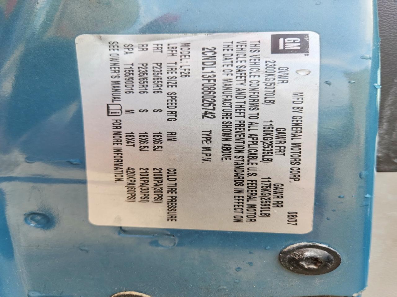 2008 Chevrolet Equinox Ls Blue vin: 2CNDL13F086026742