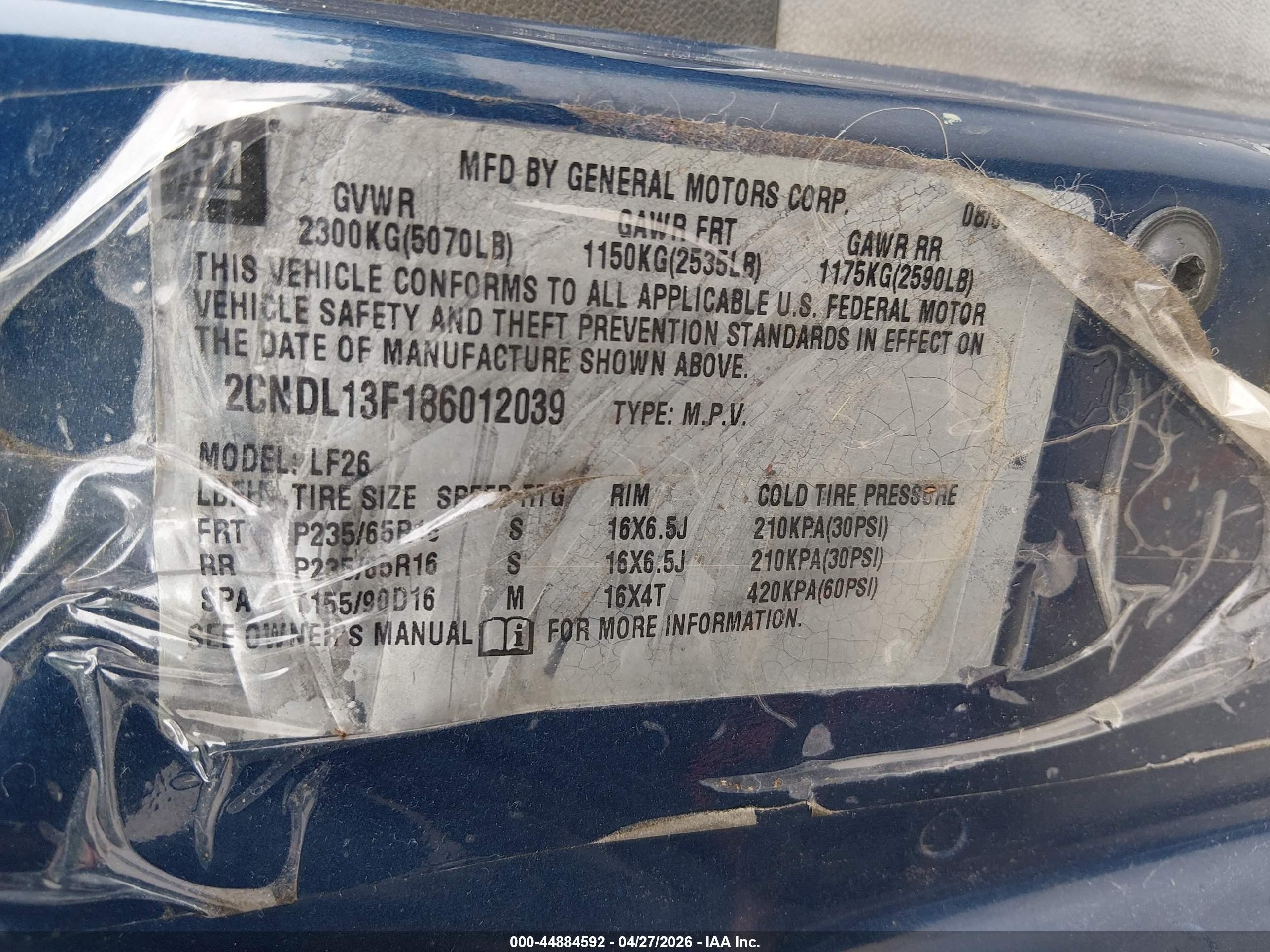 2008 Chevrolet Equinox Ls Blue vin: 2CNDL13F186012039