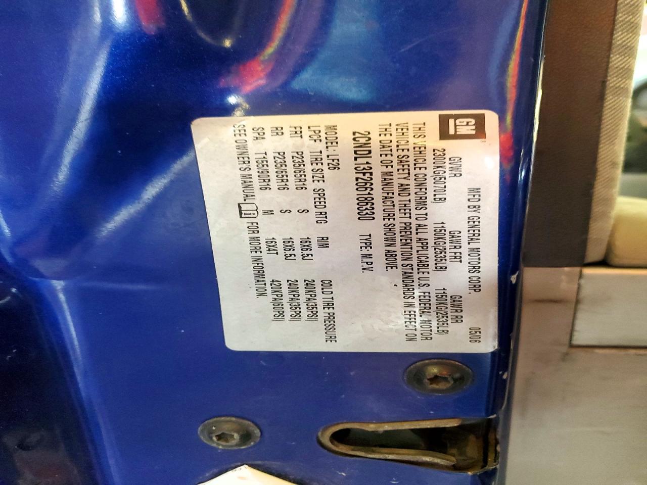 2006 Chevrolet Equinox Ls Blue vin: 2CNDL13F266186330