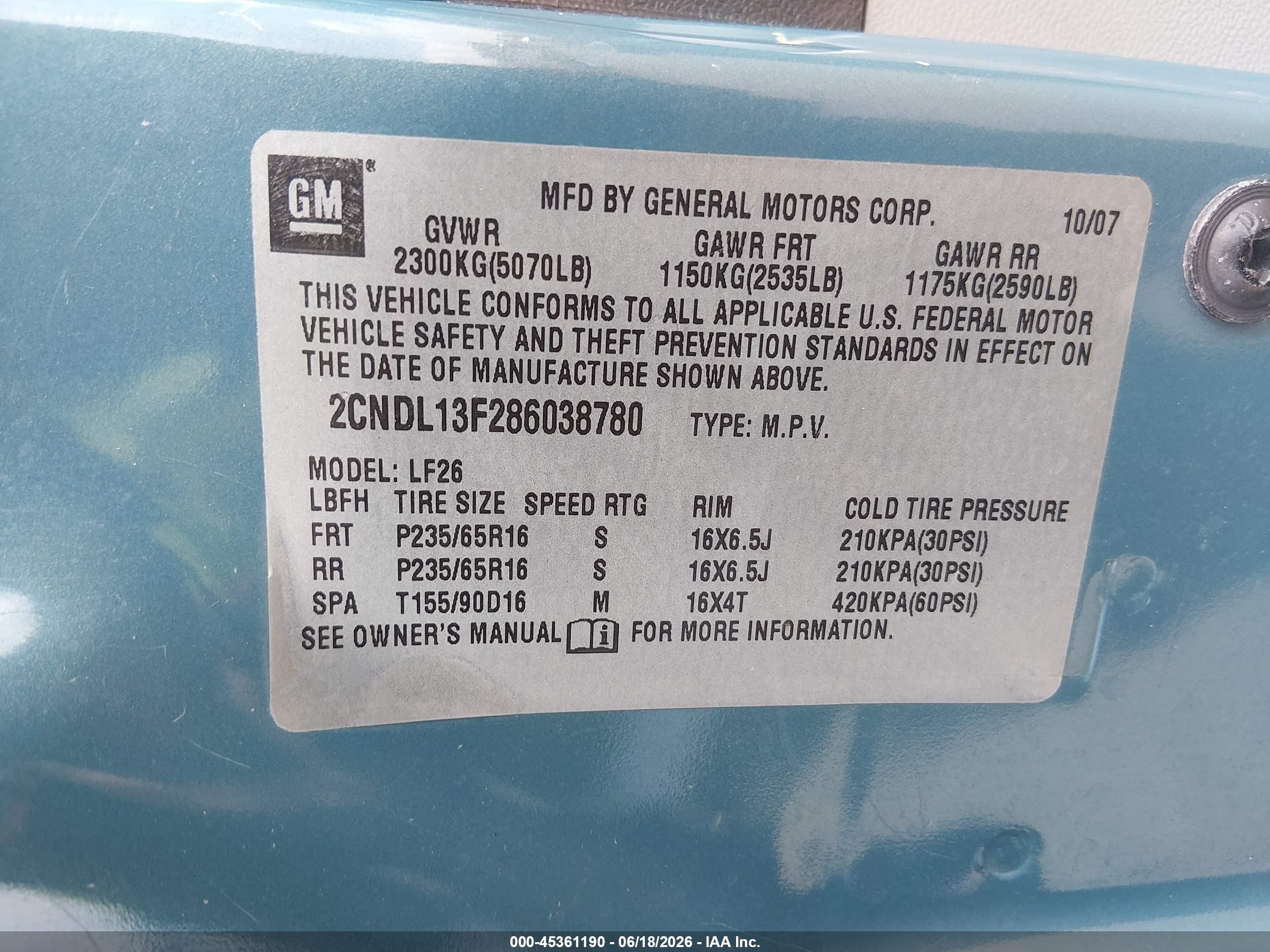 2008 Chevrolet Equinox Ls Light Blue vin: 2CNDL13F286038780