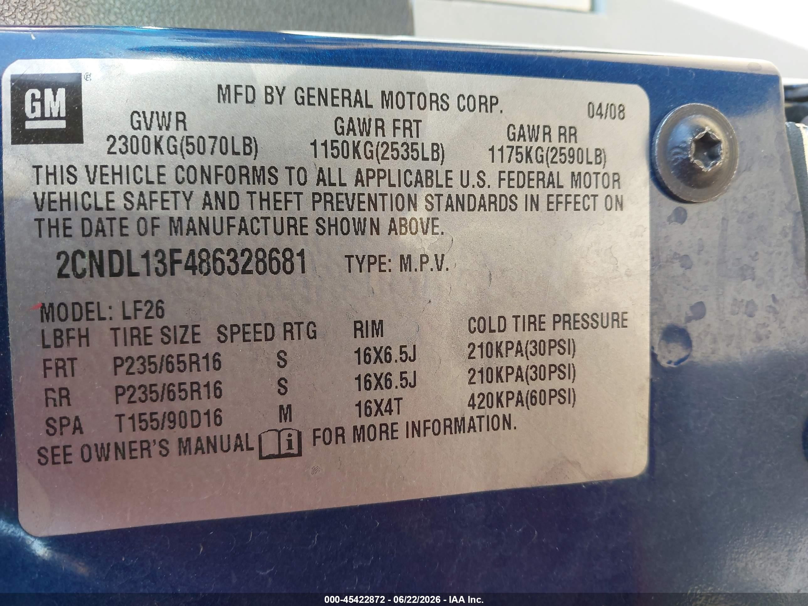 2008 Chevrolet Equinox Ls Blue vin: 2CNDL13F486328681