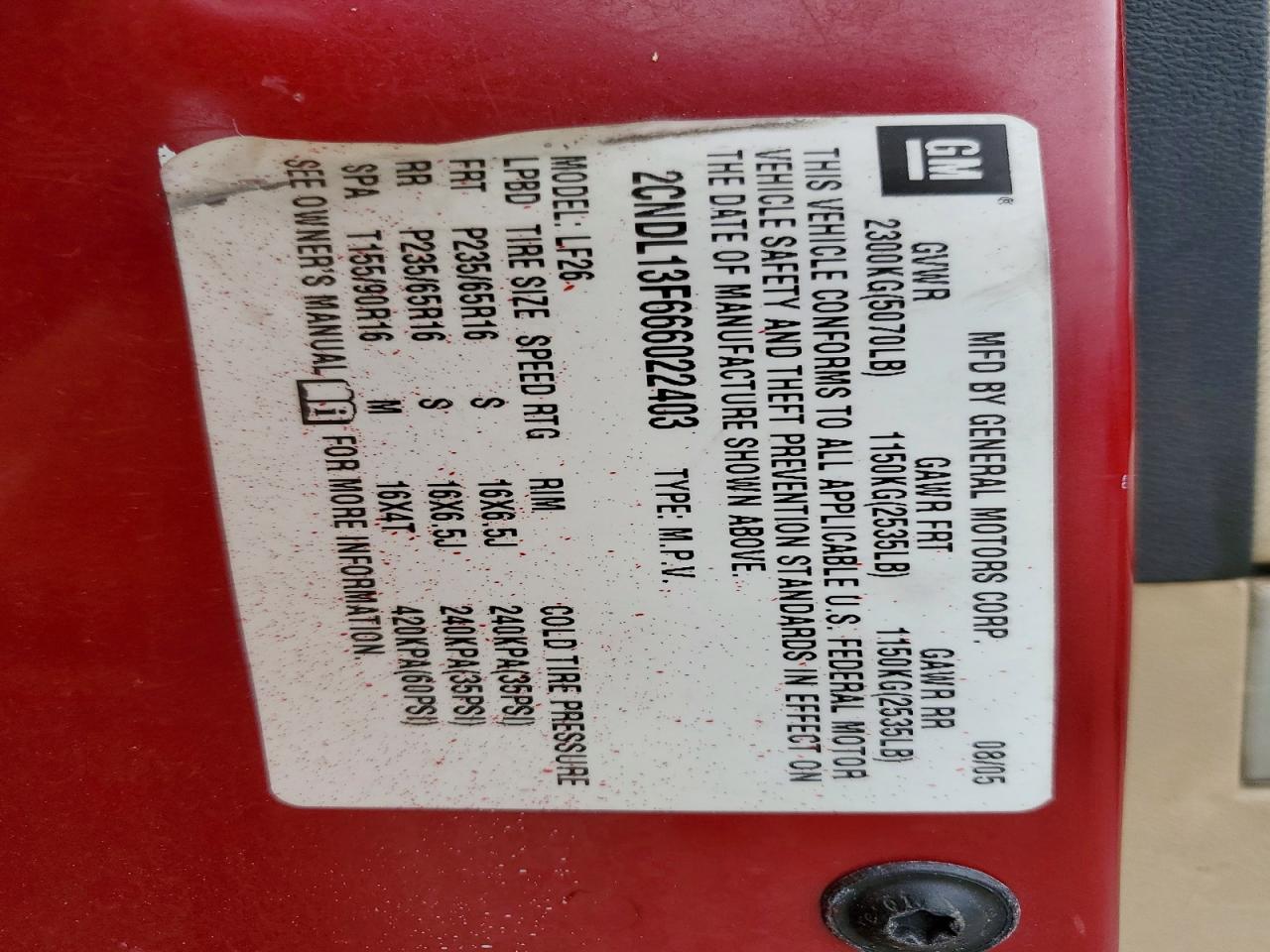 2006 Chevrolet Equinox Ls Red vin: 2CNDL13F666022403
