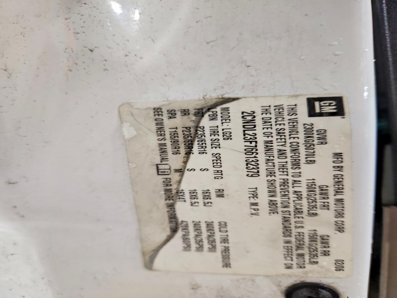 2006 Chevrolet Equinox Ls White vin: 2CNDL23F766132379