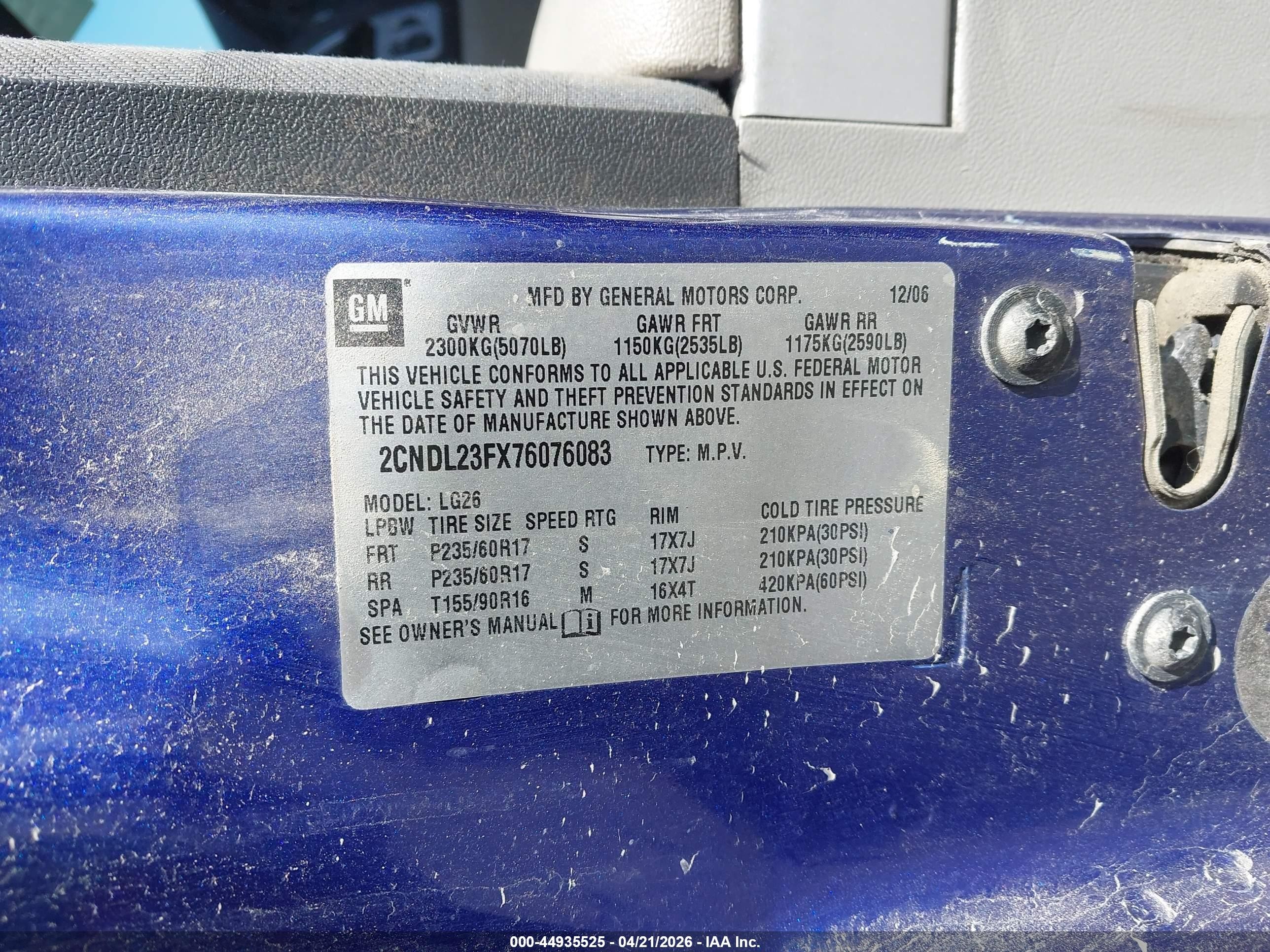 2007 Chevrolet Equinox Ls Blue vin: 2CNDL23FX76076083