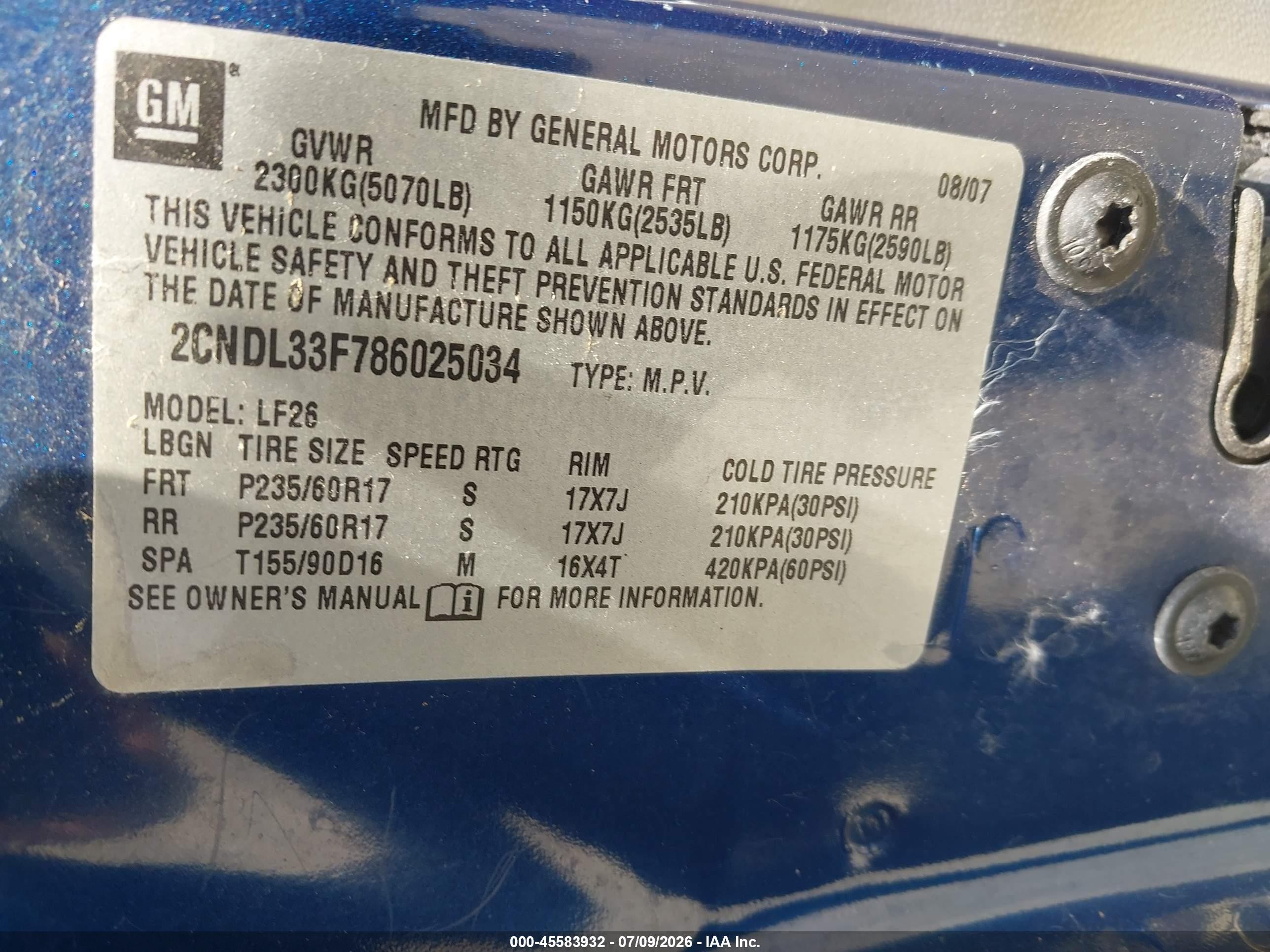 2008 Chevrolet Equinox Lt Blue vin: 2CNDL33F786025034