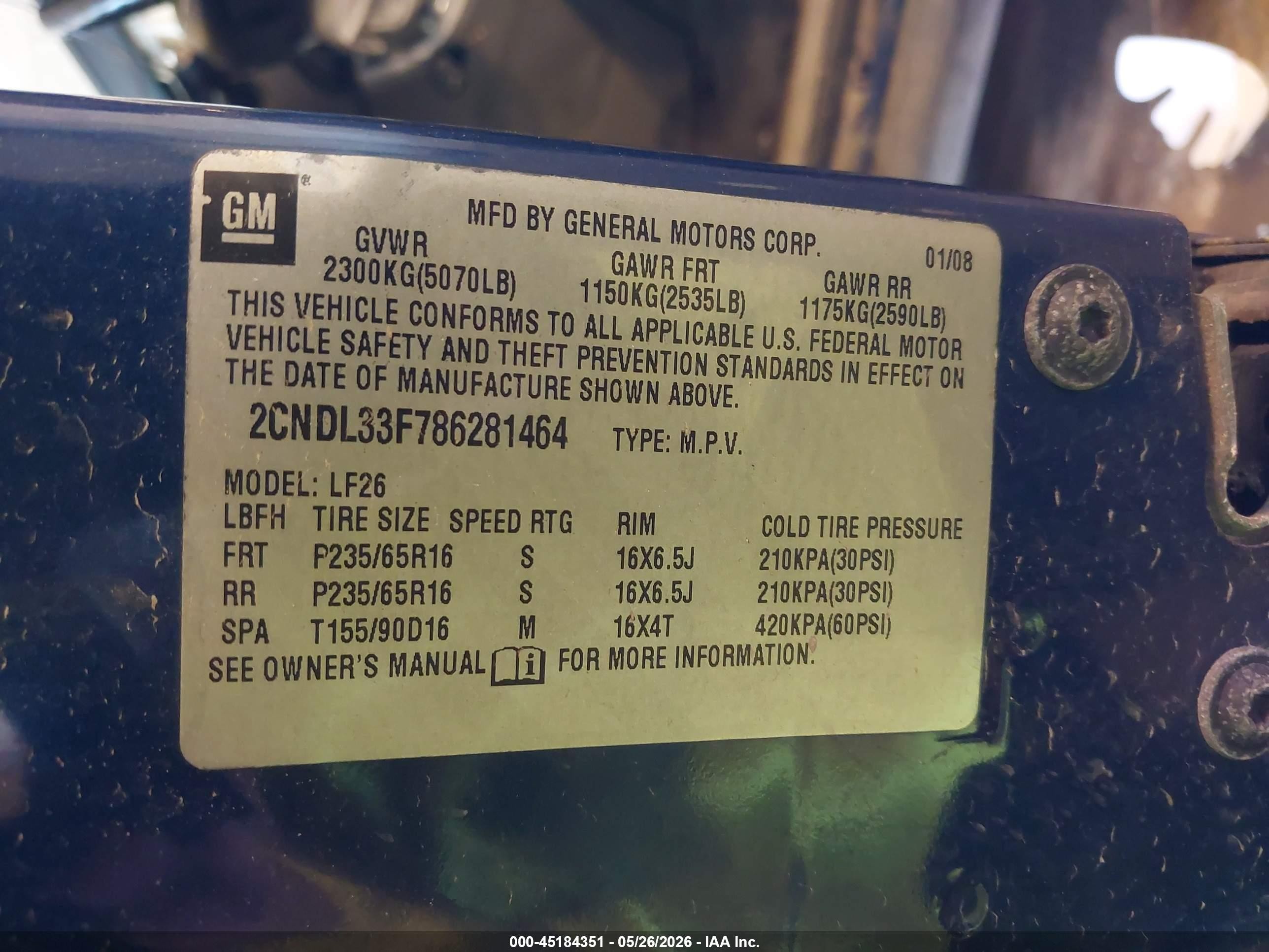 2008 Chevrolet Equinox Lt Blue vin: 2CNDL33F786281464