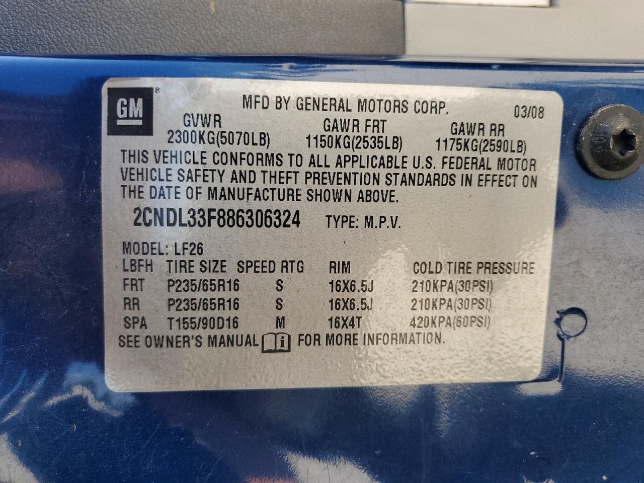2008 Chevrolet Equinox Lt Blue vin: 2CNDL33F886306324
