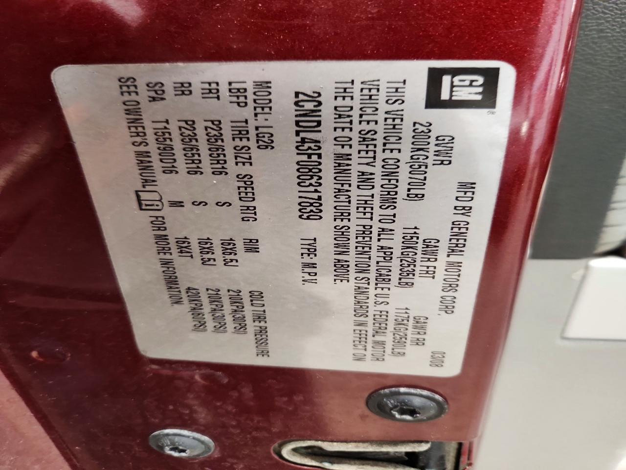 2008 Chevrolet Equinox Lt Maroon vin: 2CNDL43F086317839