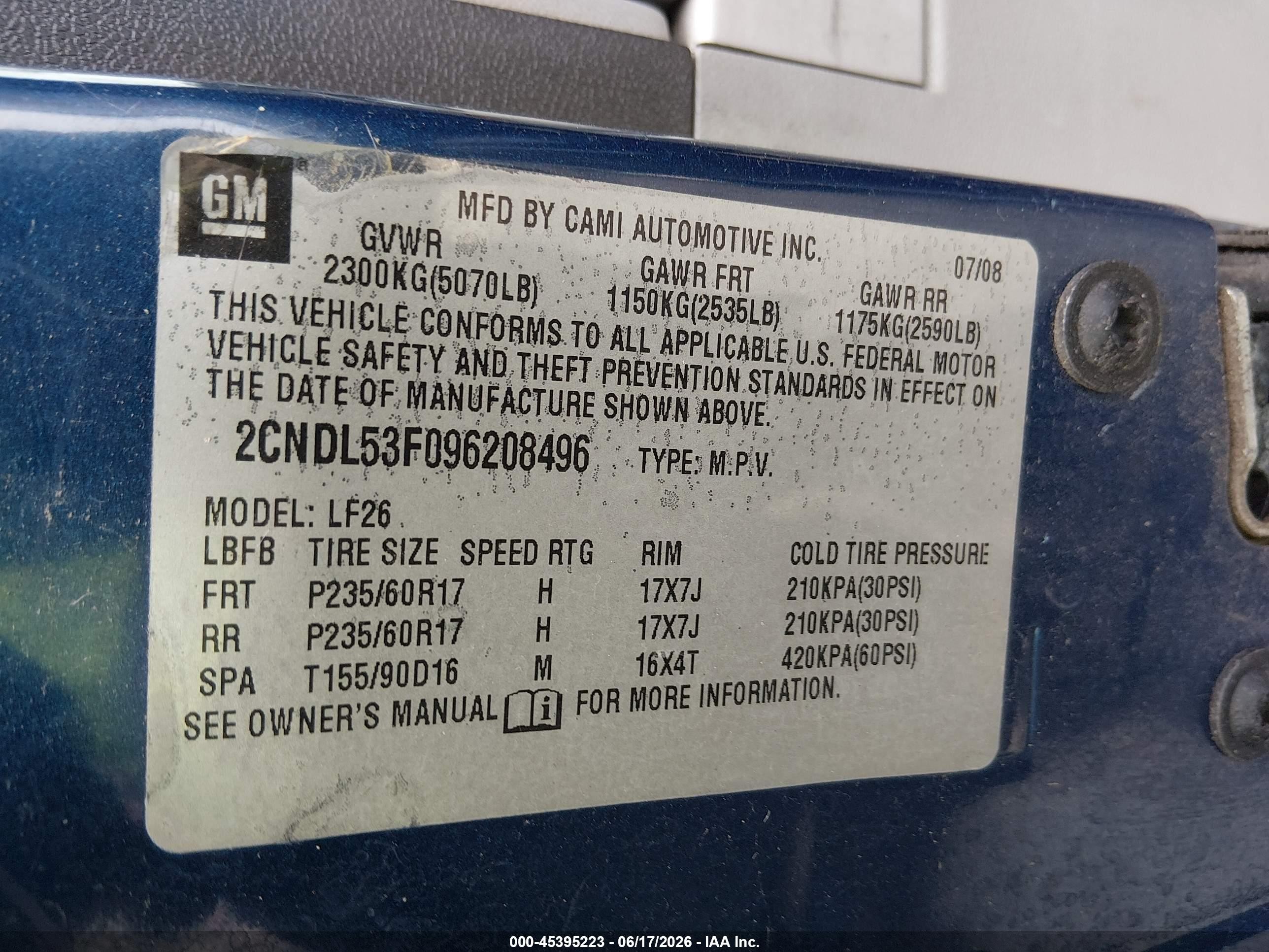 2009 Chevrolet Equinox Lt Blue vin: 2CNDL53F096208496