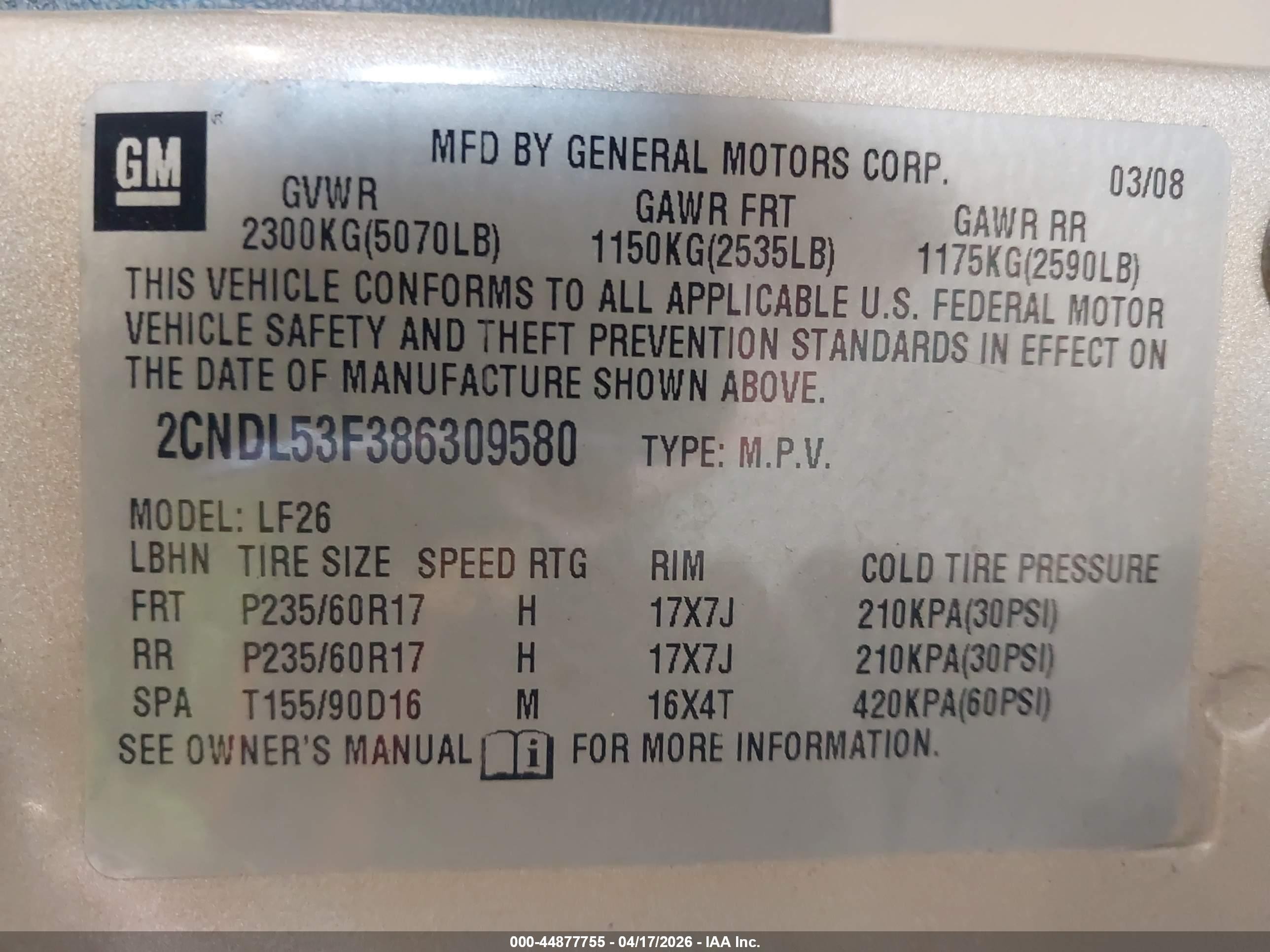2008 Chevrolet Equinox Lt Gold vin: 2CNDL53F386309580