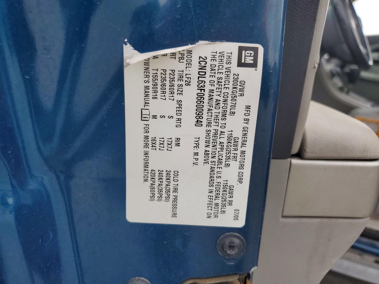 2006 Chevrolet Equinox Lt Blue vin: 2CNDL63F066009840