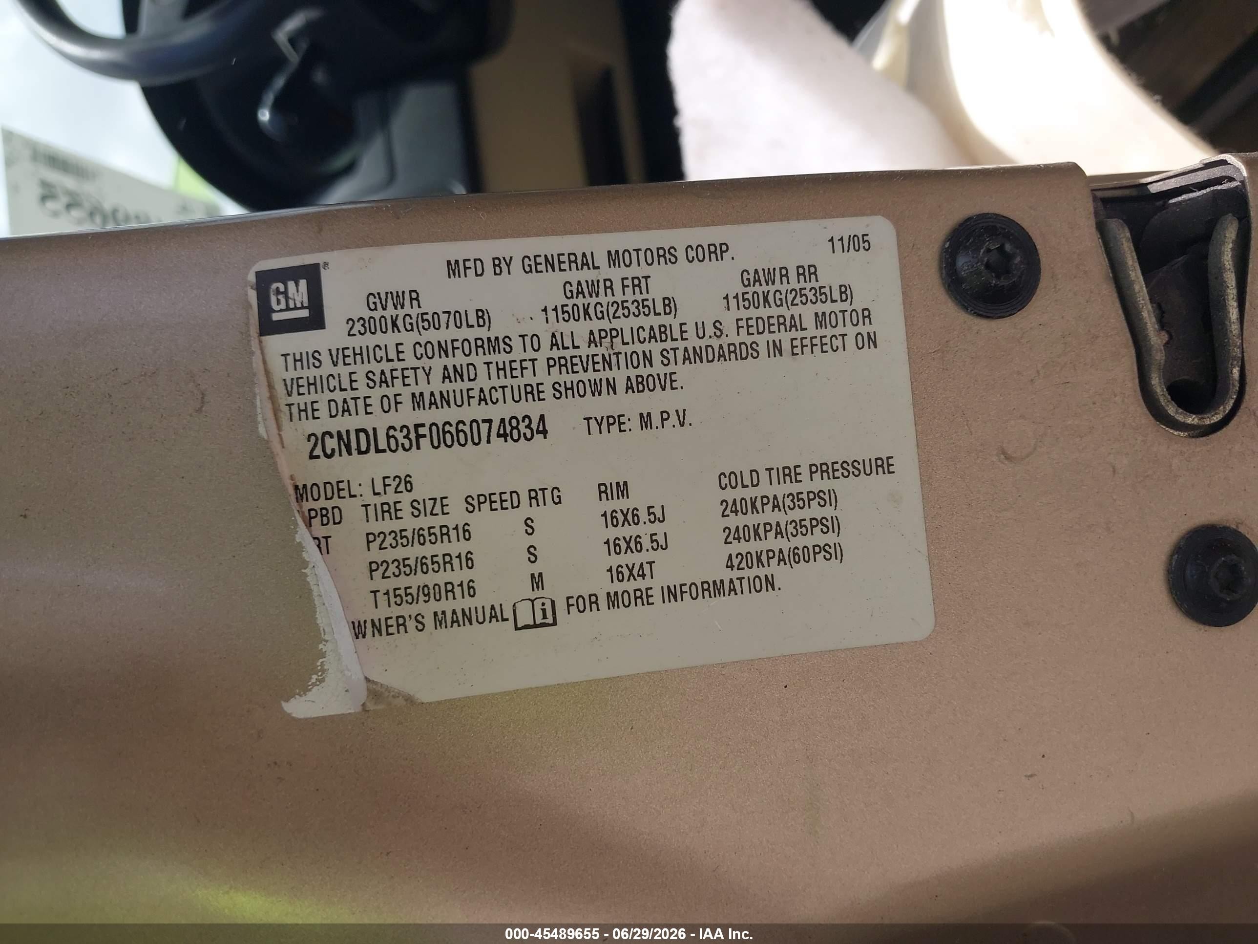 2006 Chevrolet Equinox Lt Tan vin: 2CNDL63F066074834