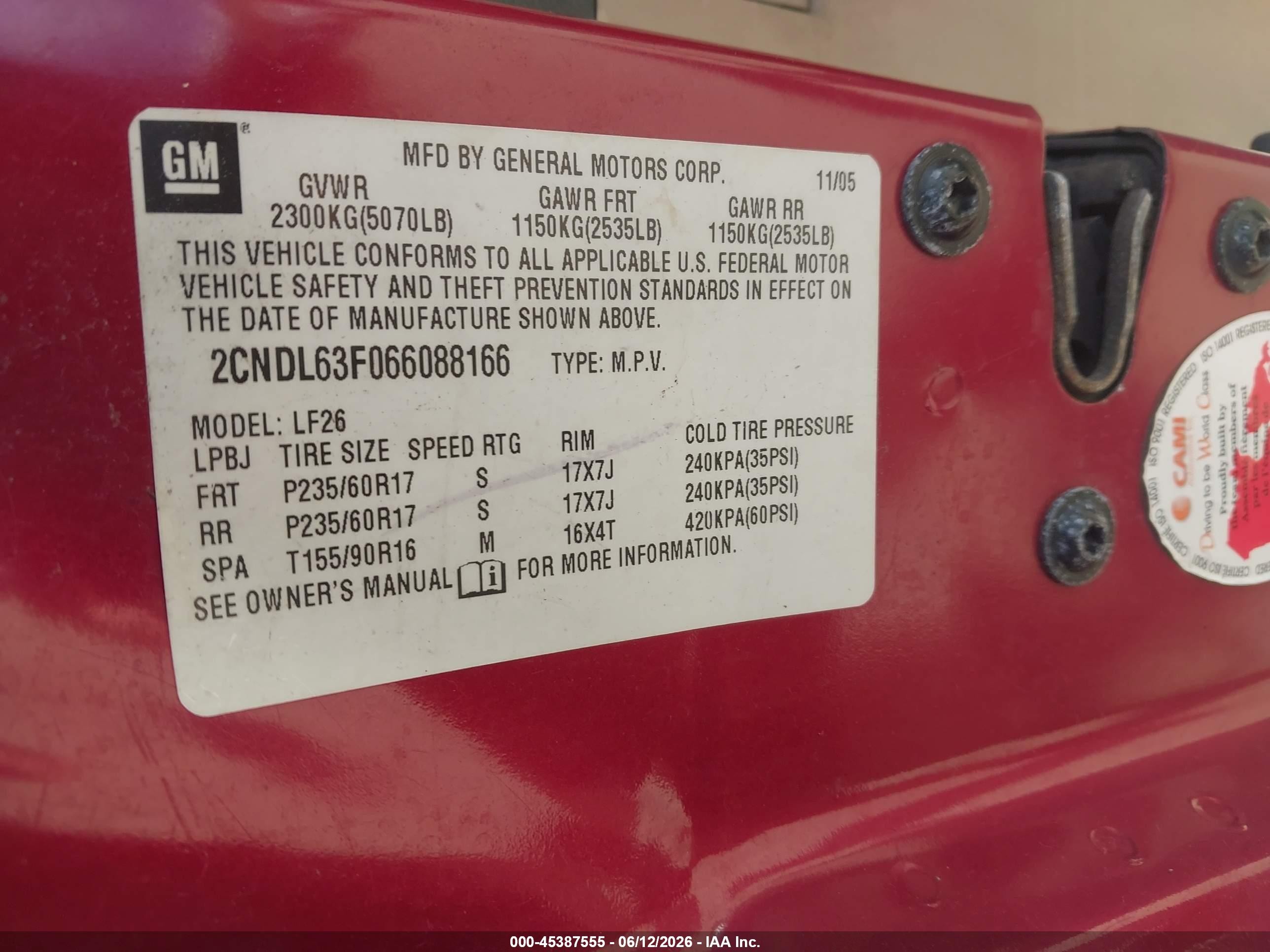 2006 Chevrolet Equinox Lt Red vin: 2CNDL63F066088166
