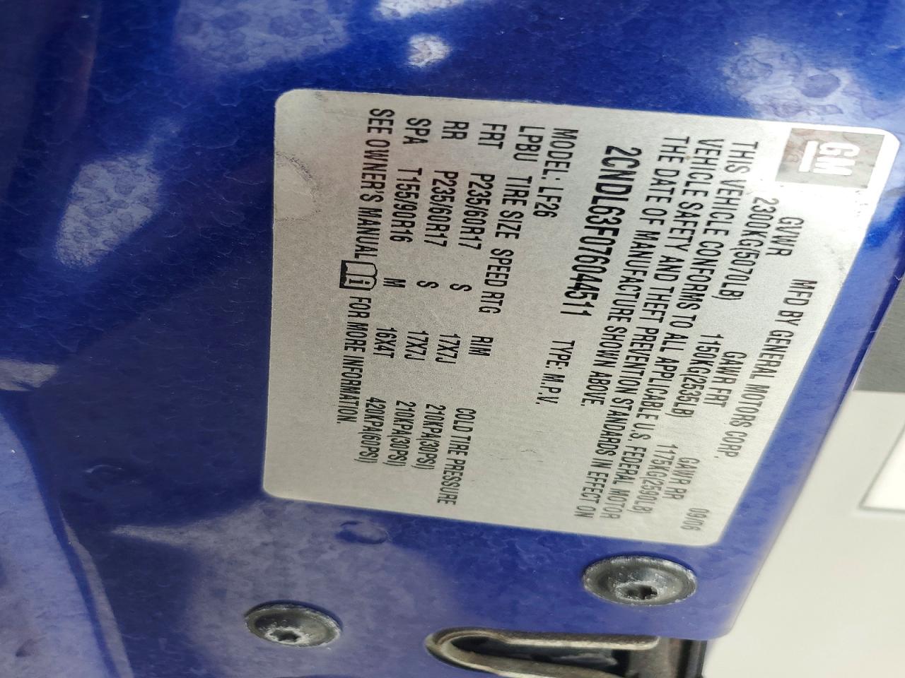 2007 Chevrolet Equinox Lt Blue vin: 2CNDL63F076044511