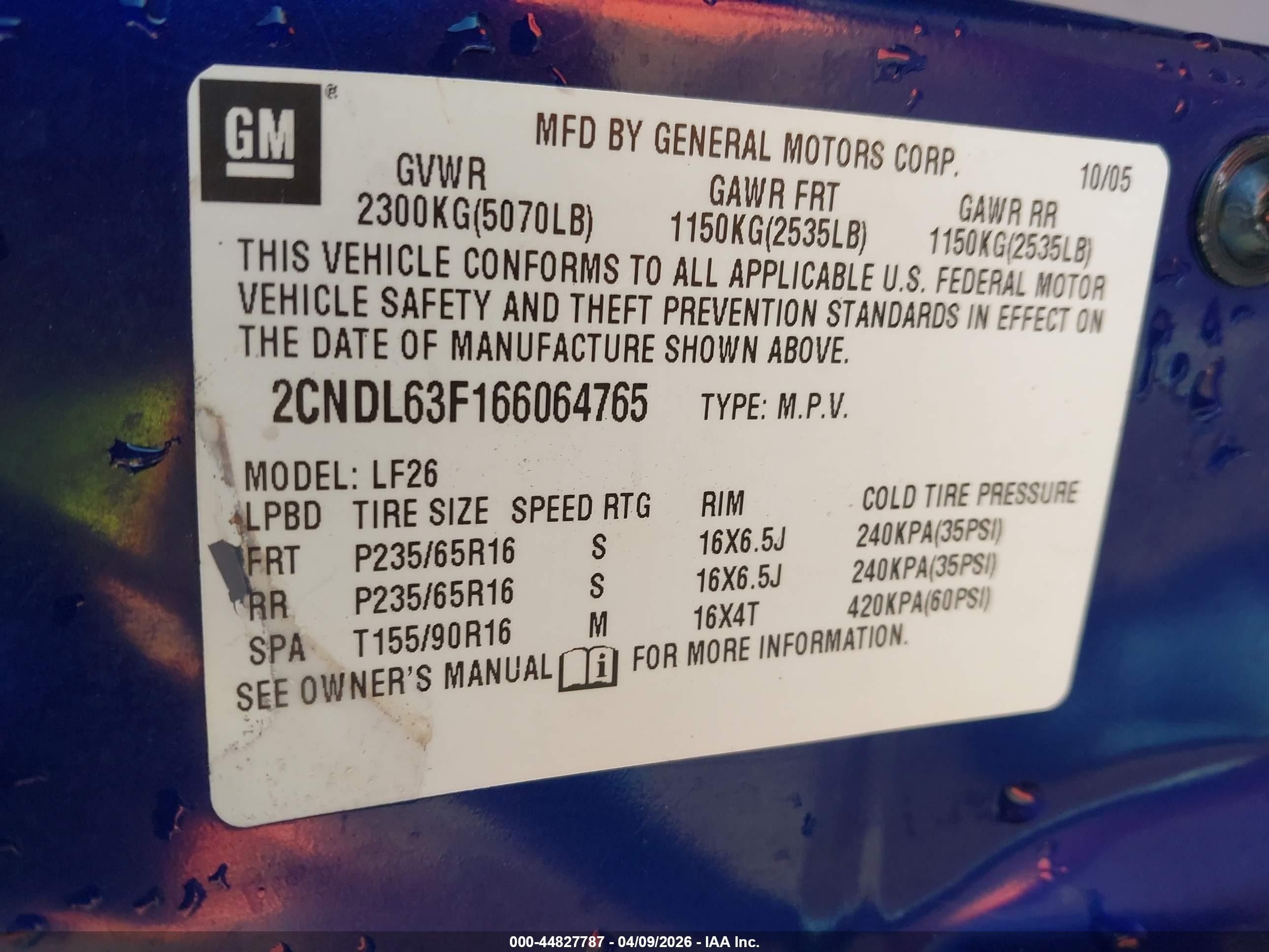 2006 Chevrolet Equinox Lt Blue vin: 2CNDL63F166064765