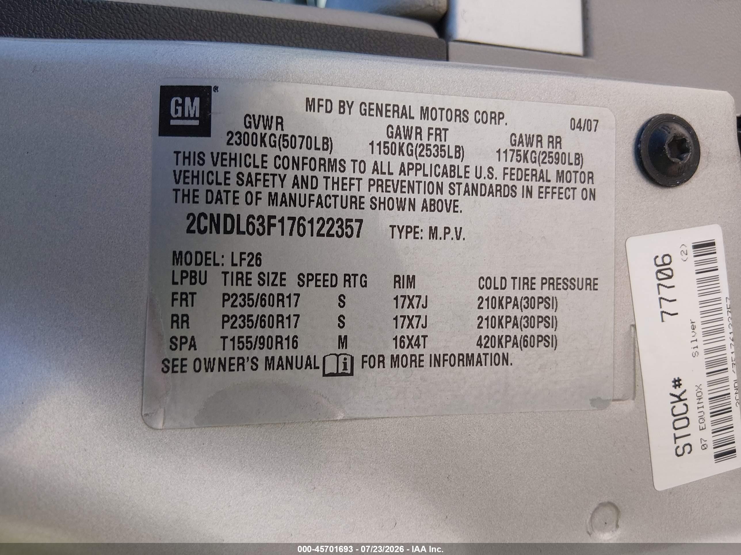 2007 Chevrolet Equinox Lt Silver vin: 2CNDL63F176122357