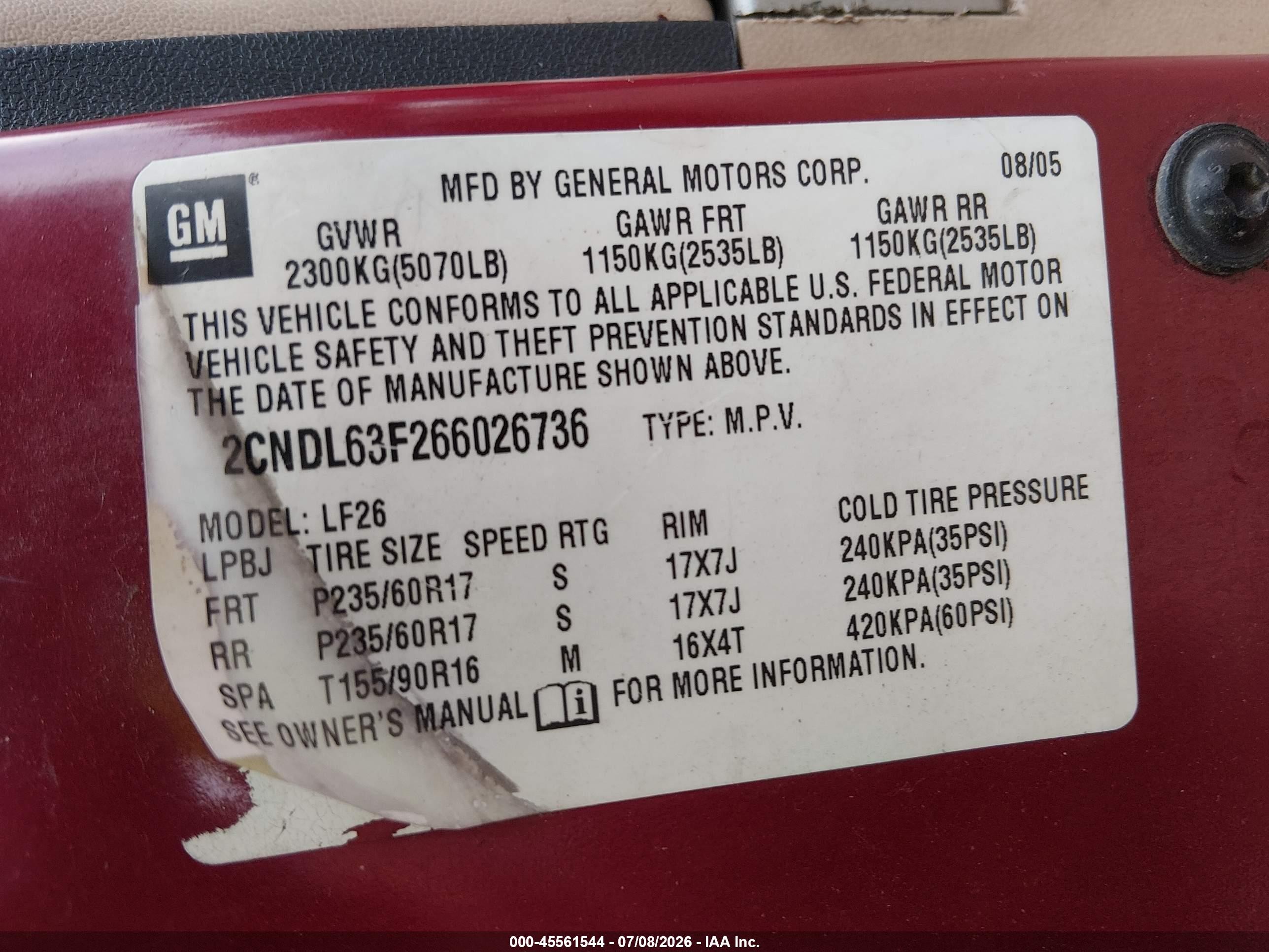 2006 Chevrolet Equinox Lt Red vin: 2CNDL63F266026736