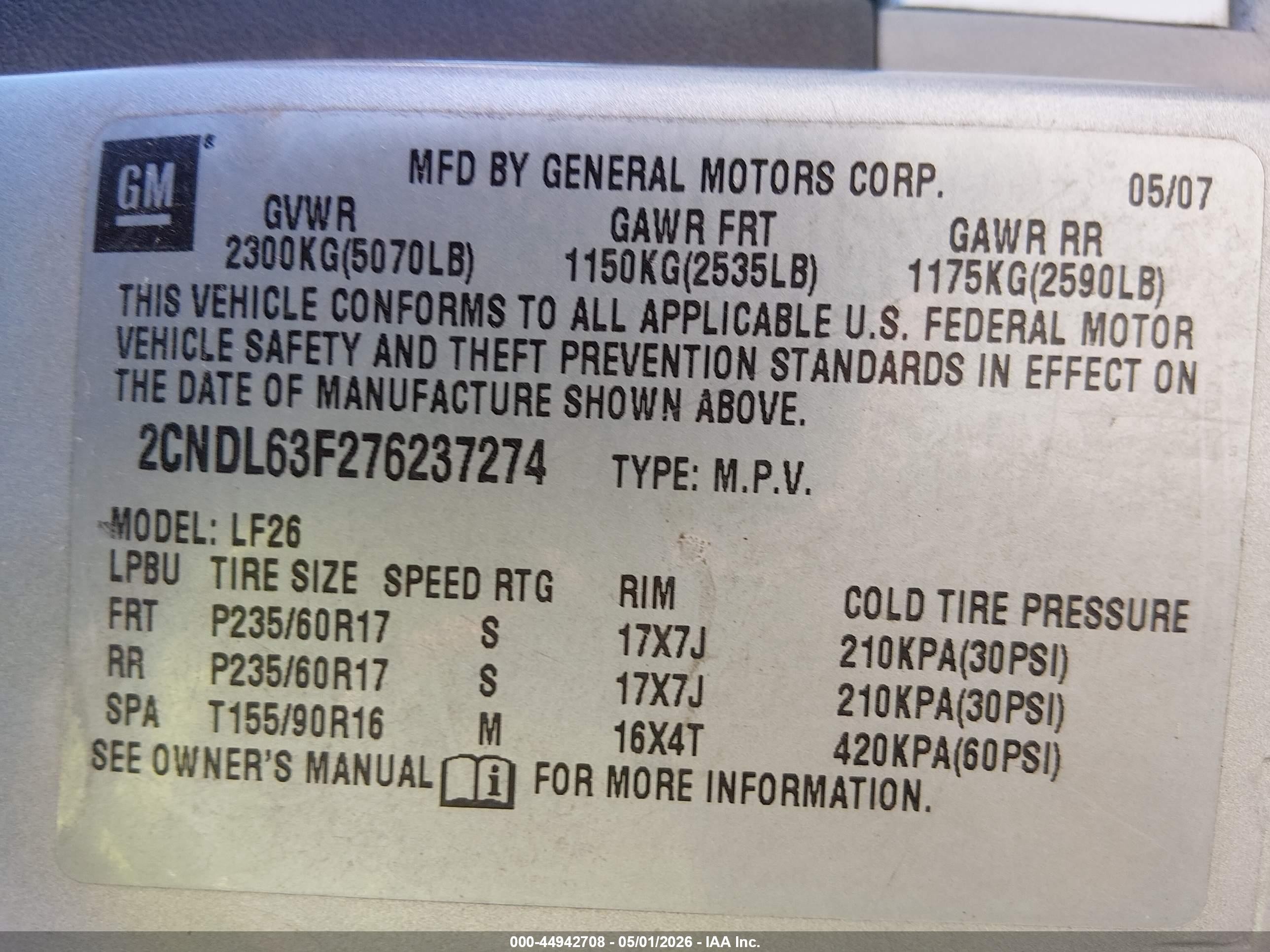 2007 Chevrolet Equinox Lt Серый vin: 2CNDL63F276237274