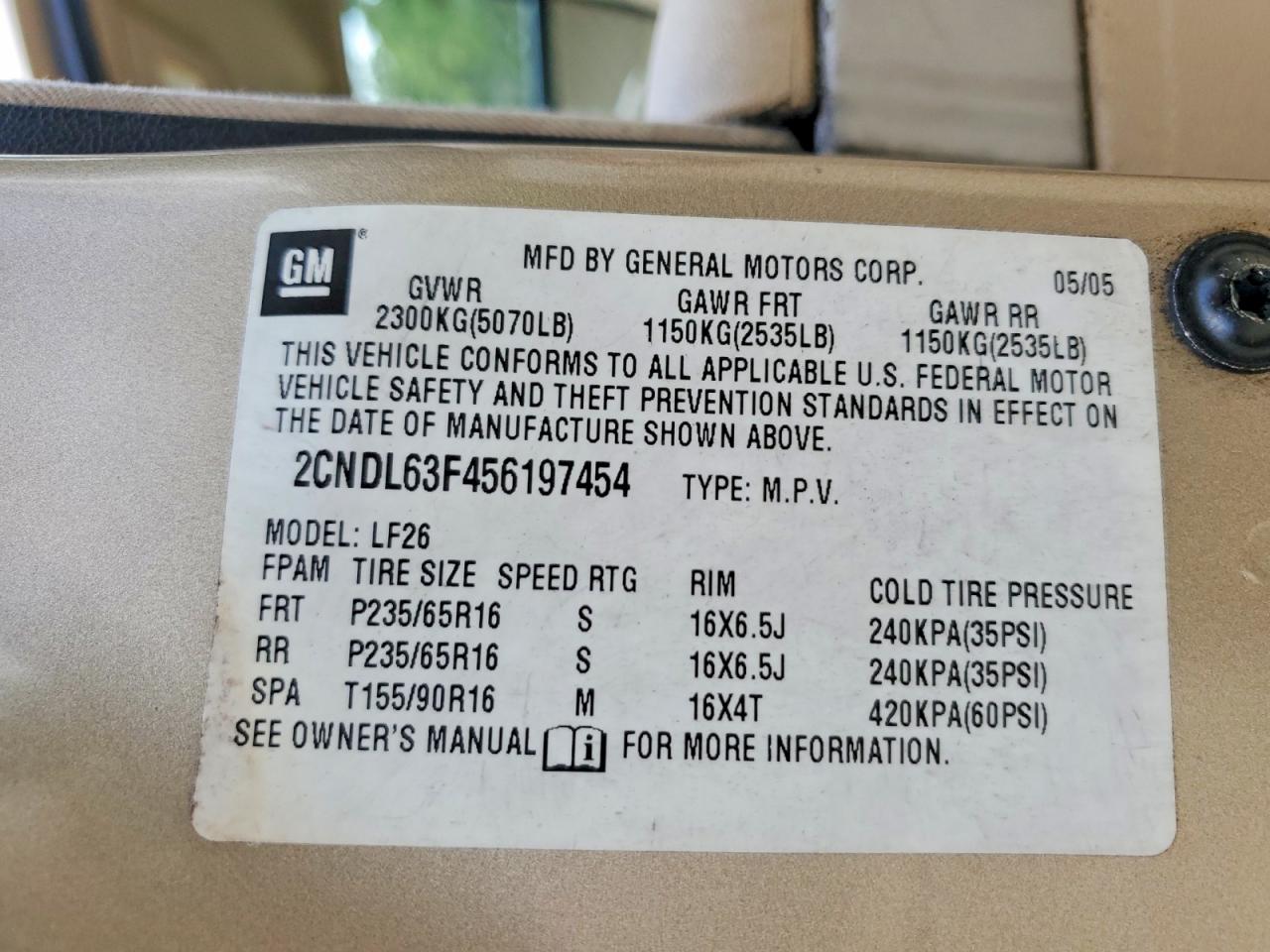 2005 Chevrolet Equinox Lt Tan vin: 2CNDL63F456197454