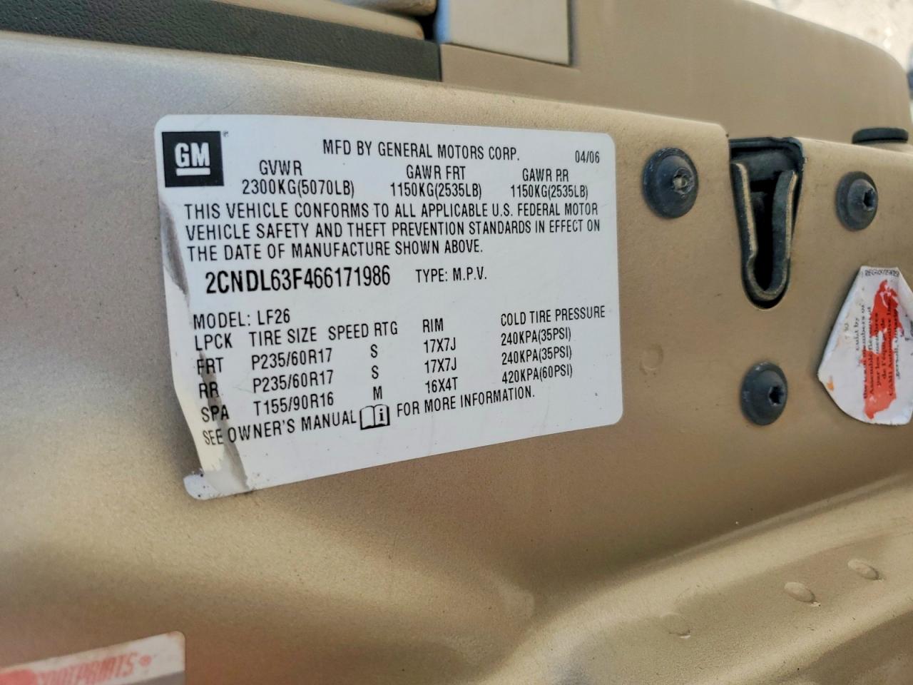 2006 Chevrolet Equinox Lt Tan vin: 2CNDL63F466171986
