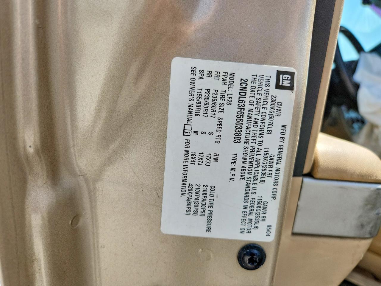 2005 Chevrolet Equinox Lt Золотой vin: 2CNDL63F656033803