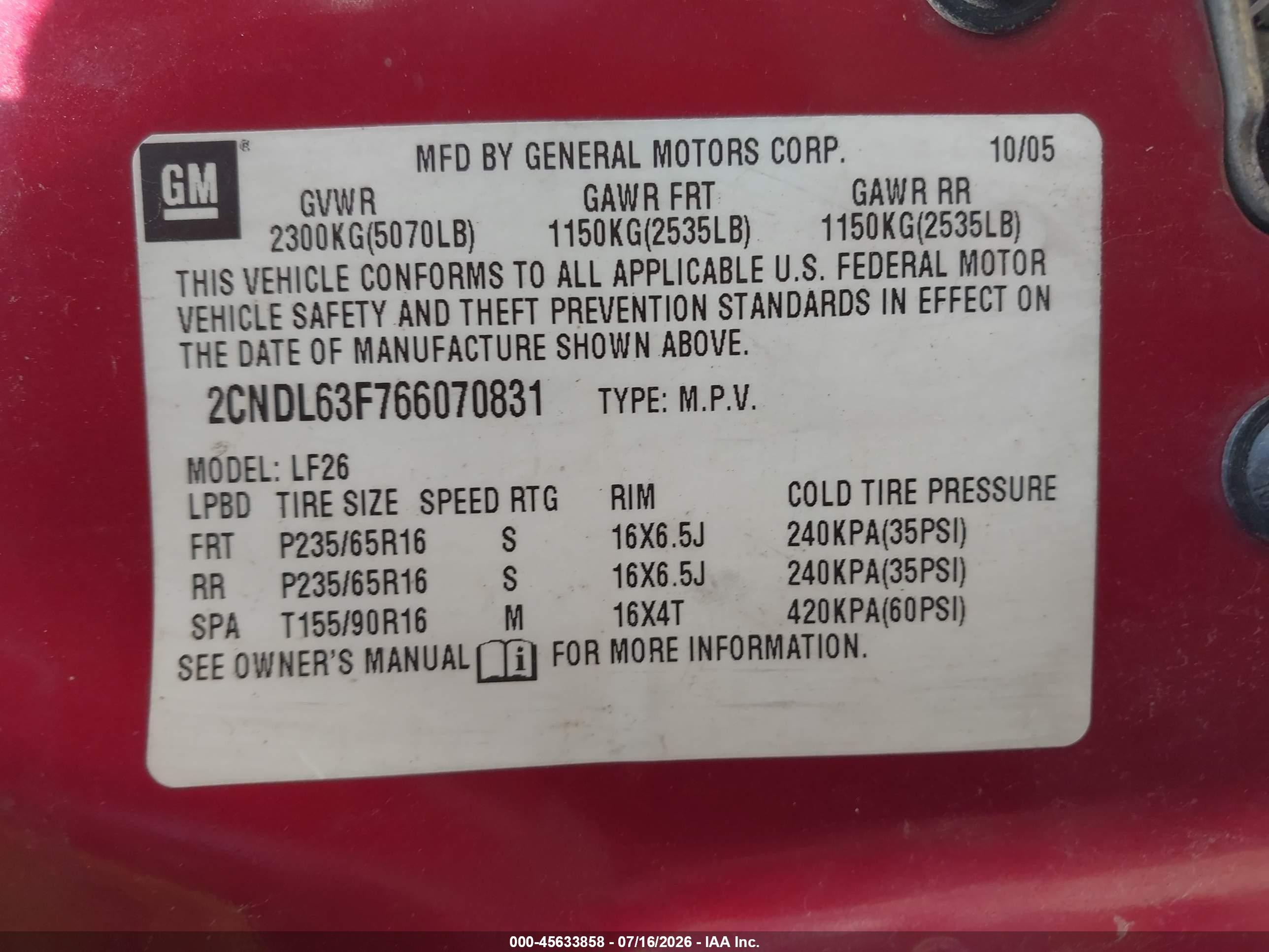 2006 Chevrolet Equinox Lt Burgundy vin: 2CNDL63F766070831