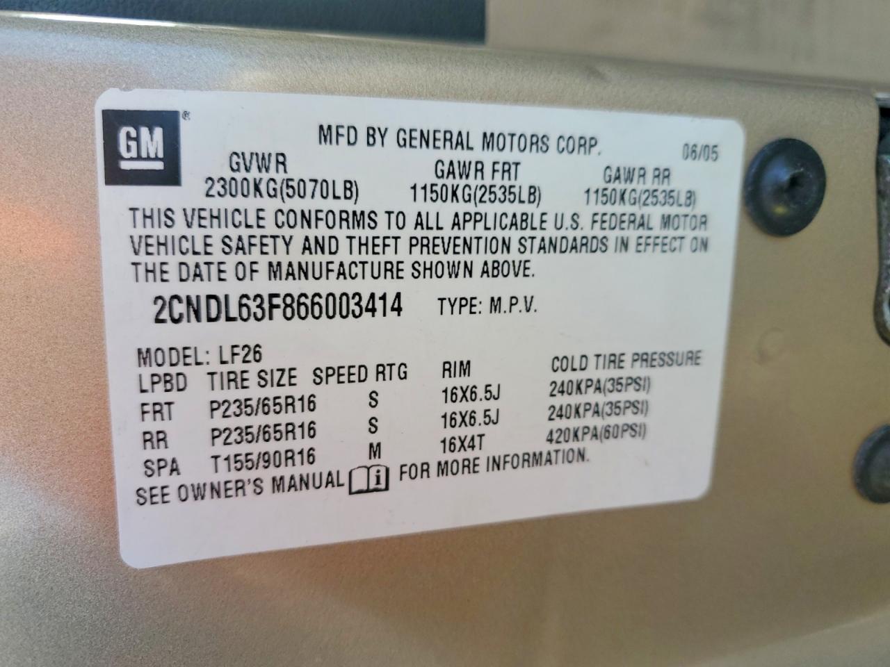 2006 Chevrolet Equinox Lt Gold vin: 2CNDL63F866003414