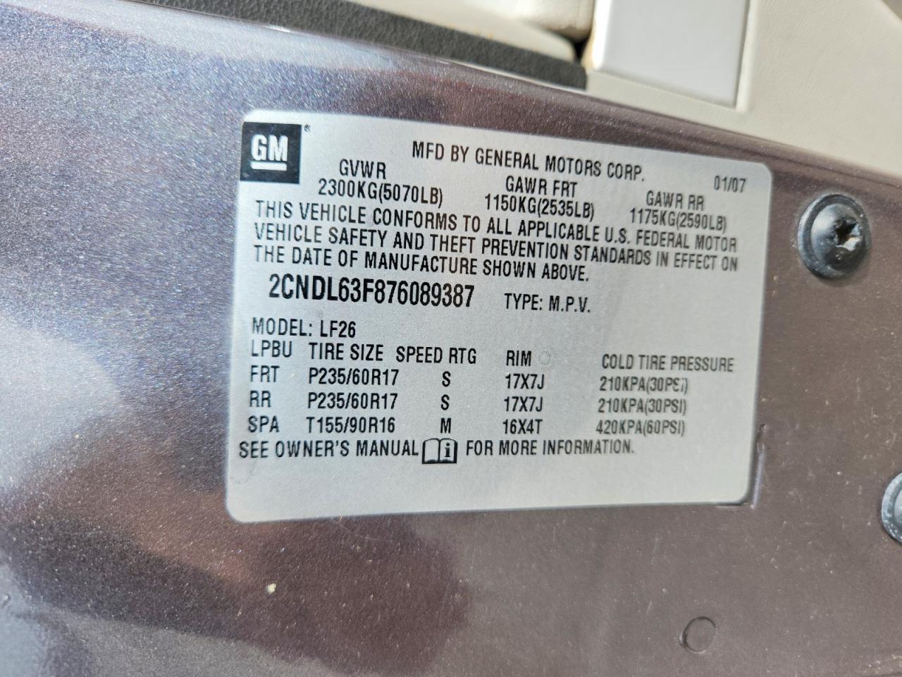 2007 Chevrolet Equinox Lt Серый vin: 2CNDL63F876089387