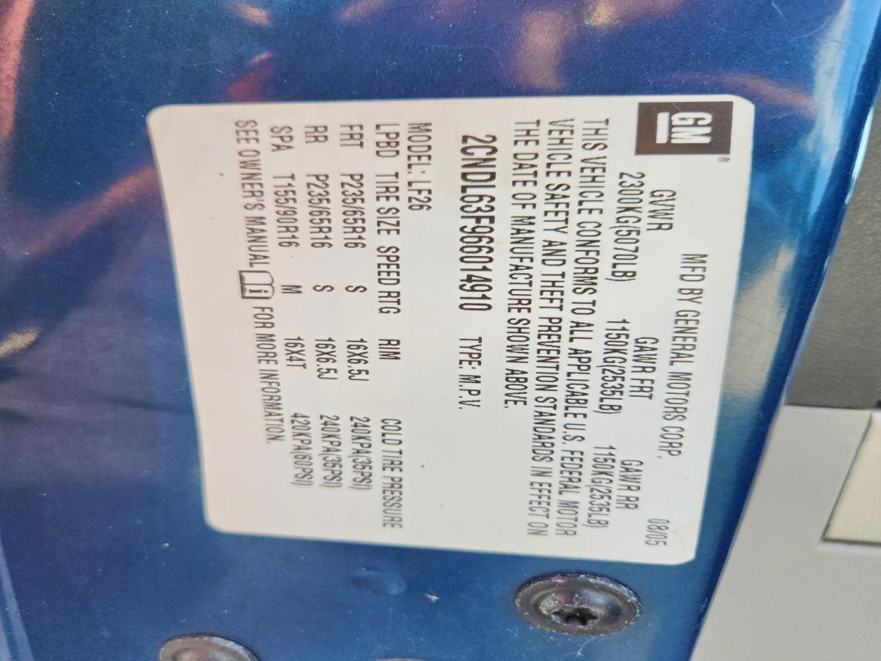 2006 Chevrolet Equinox Lt Blue vin: 2CNDL63F966014910