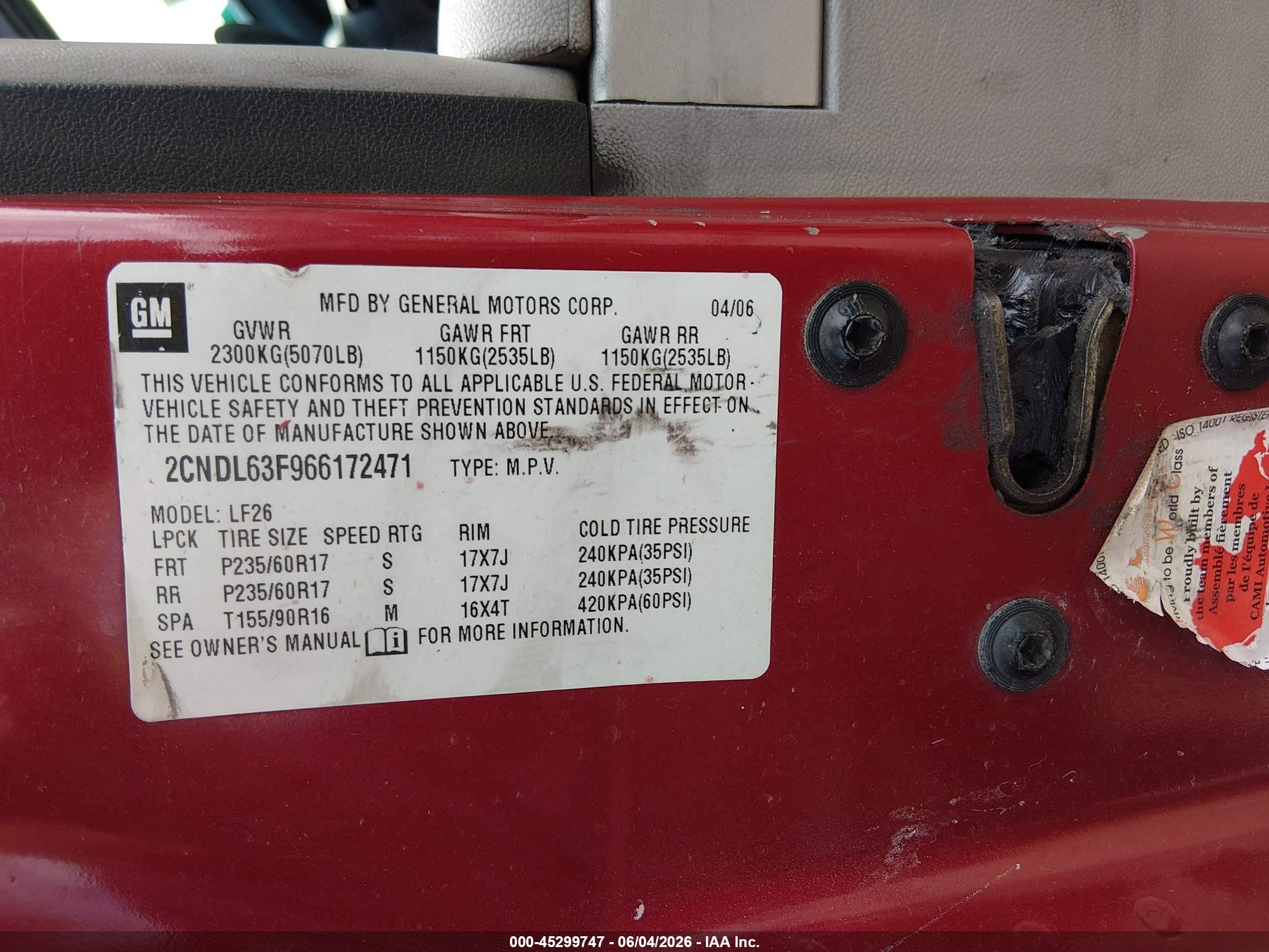 2006 Chevrolet Equinox Lt Красный vin: 2CNDL63F966172471