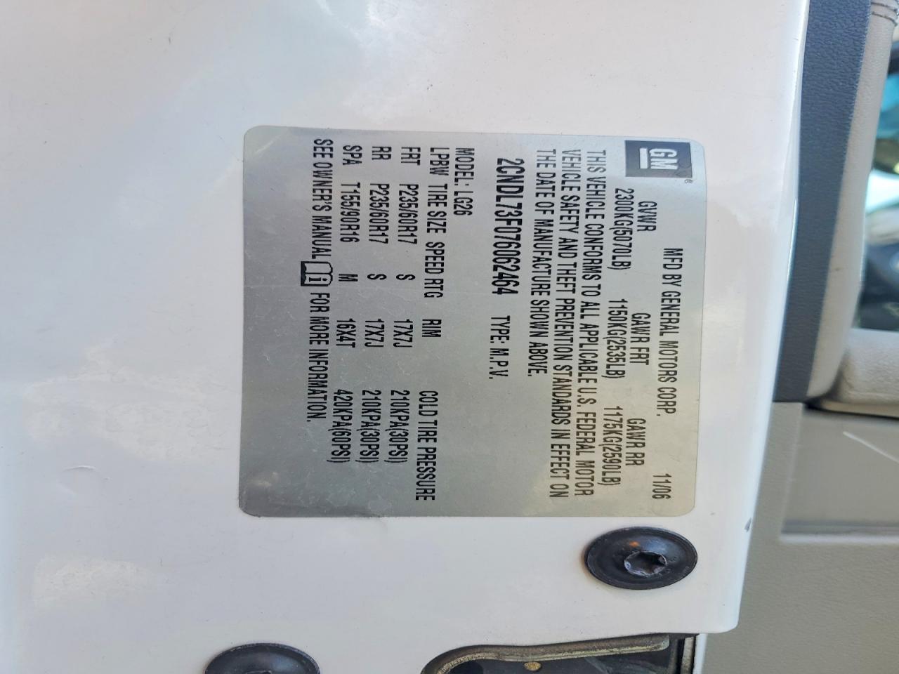 2007 Chevrolet Equinox Белый vin: 2CNDL73F076062464