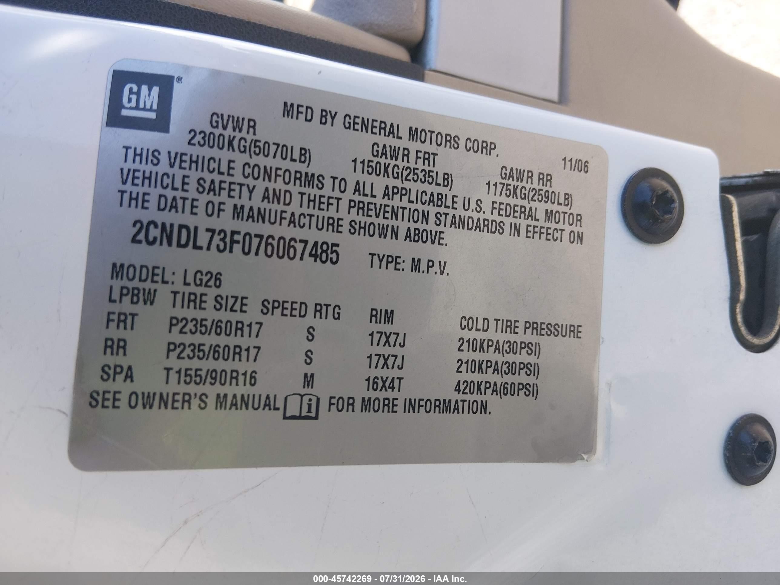 2007 Chevrolet Equinox Lt White vin: 2CNDL73F076067485