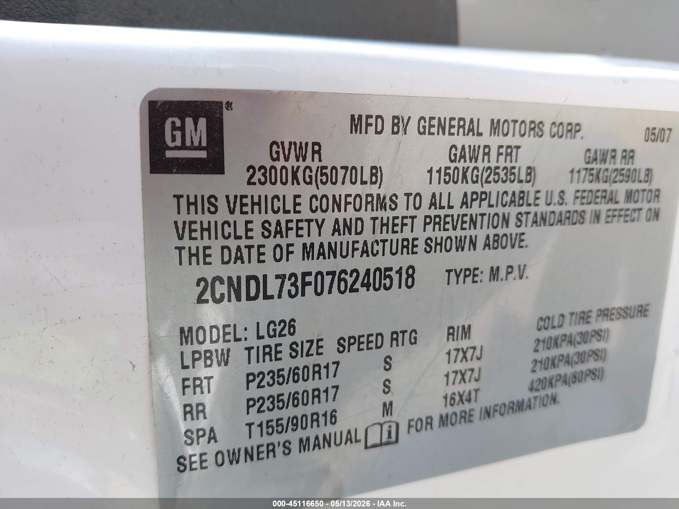 2007 Chevrolet Equinox Lt White vin: 2CNDL73F076240518