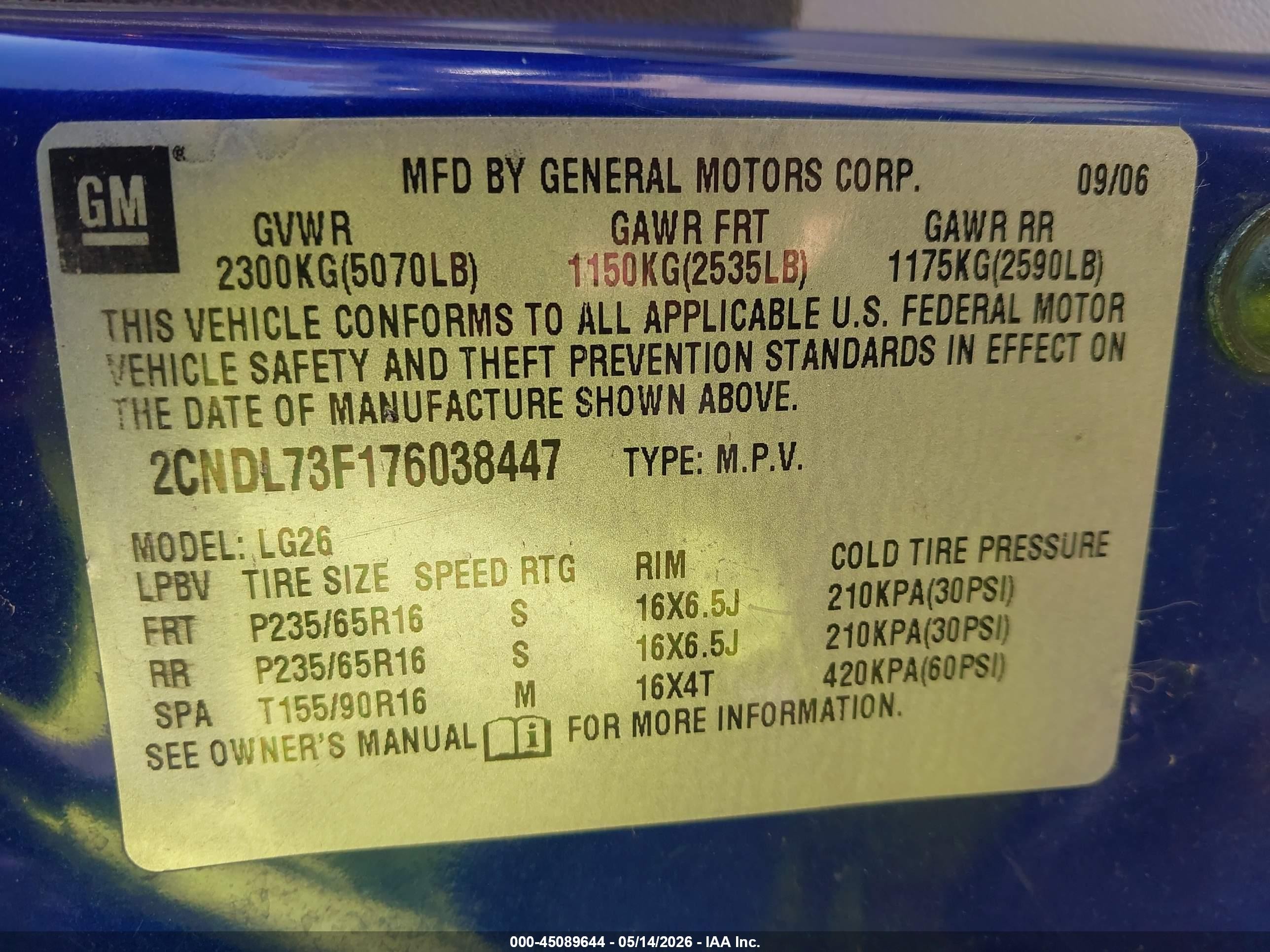 2007 Chevrolet Equinox Lt Blue vin: 2CNDL73F176038447