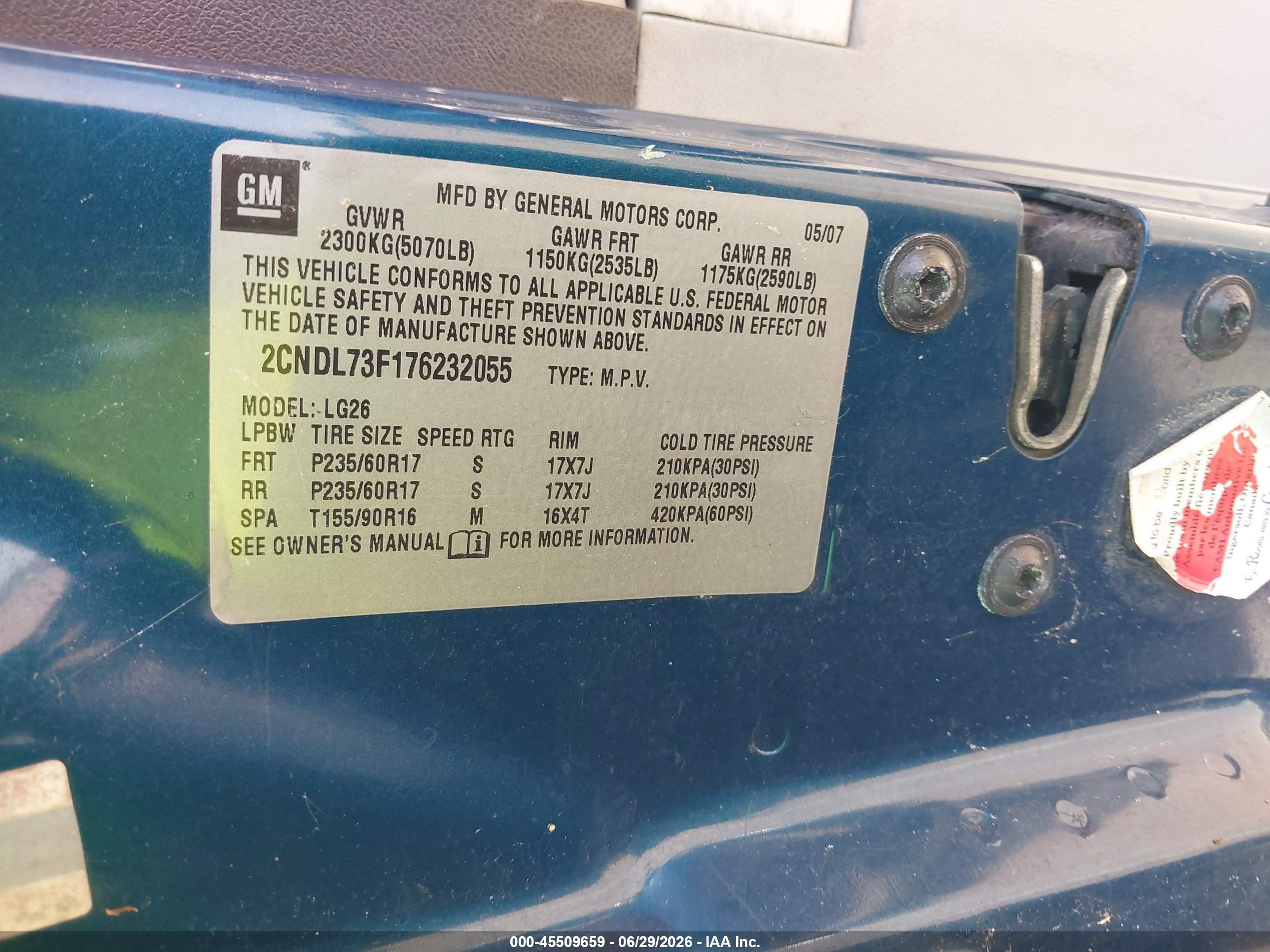 2007 Chevrolet Equinox Lt Blue vin: 2CNDL73F176232055