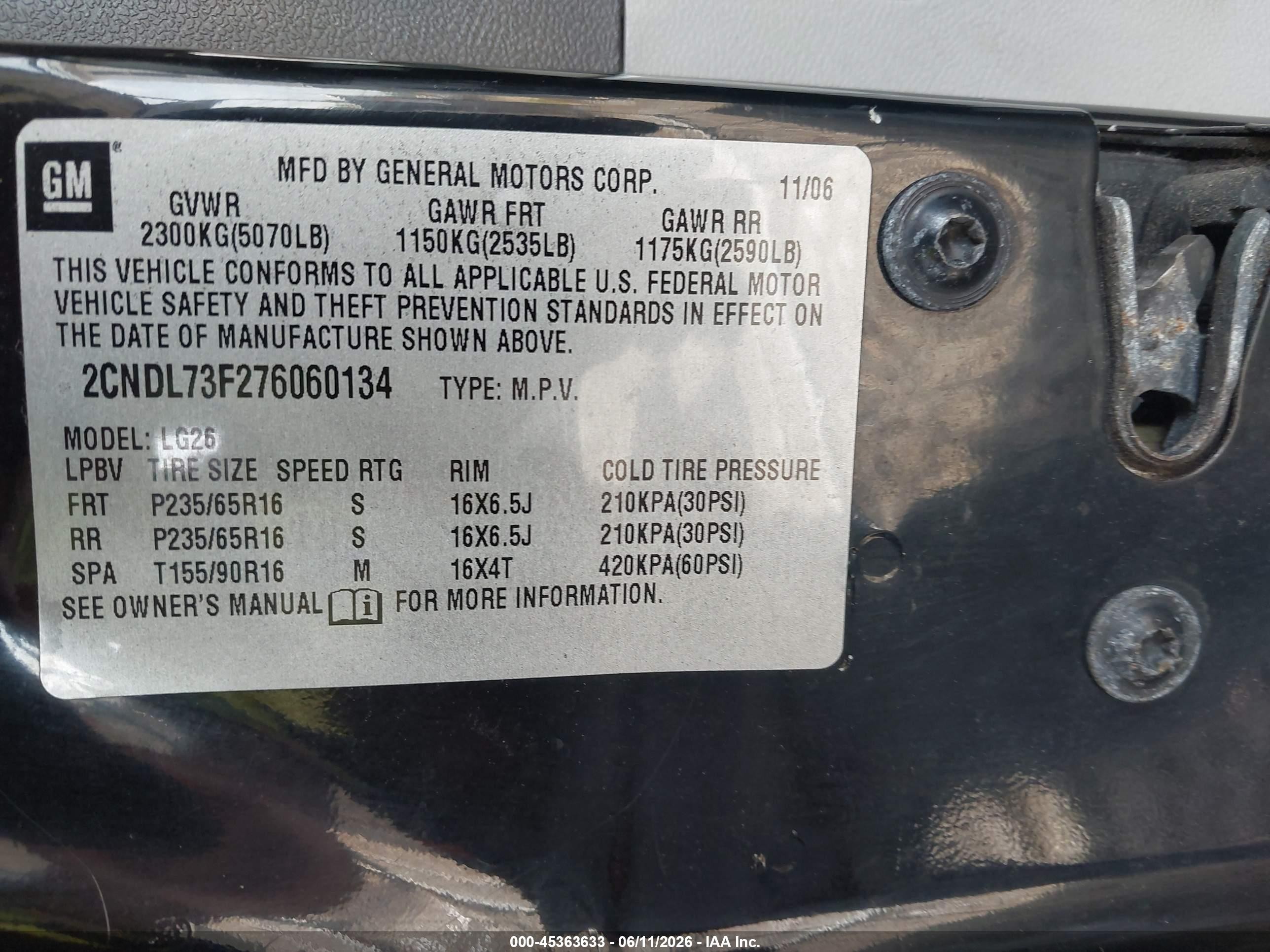 2007 Chevrolet Equinox Lt Black vin: 2CNDL73F276060134