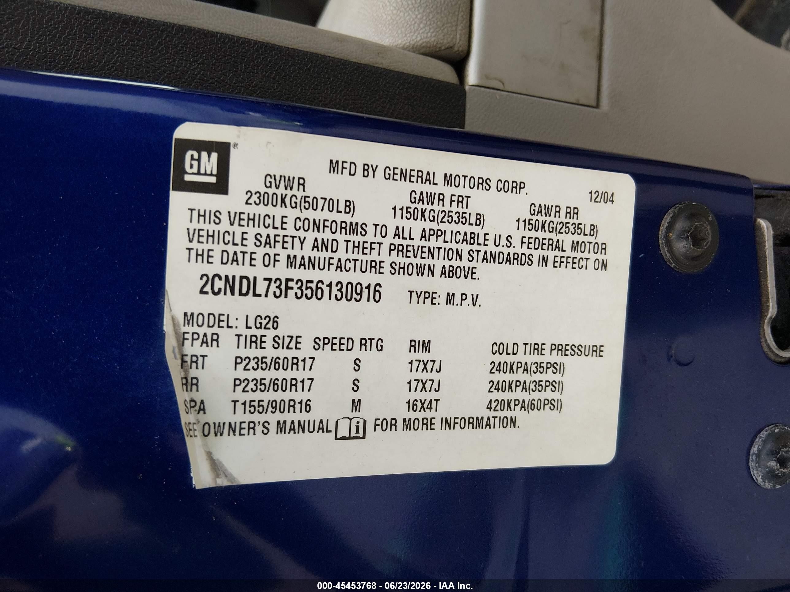 2005 Chevrolet Equinox Lt Blue vin: 2CNDL73F356130916