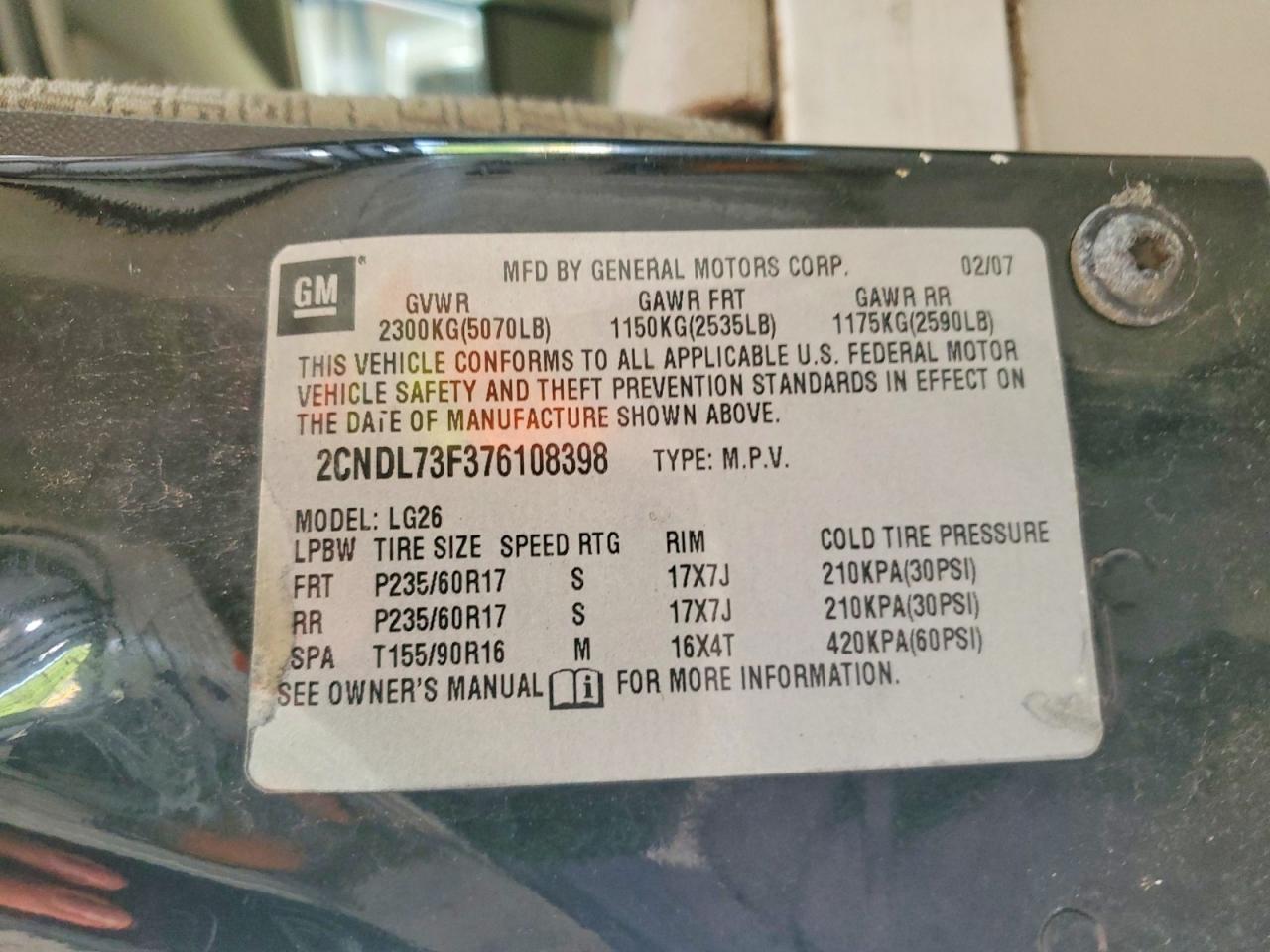 2007 Chevrolet Equinox Lt Black vin: 2CNDL73F376108398