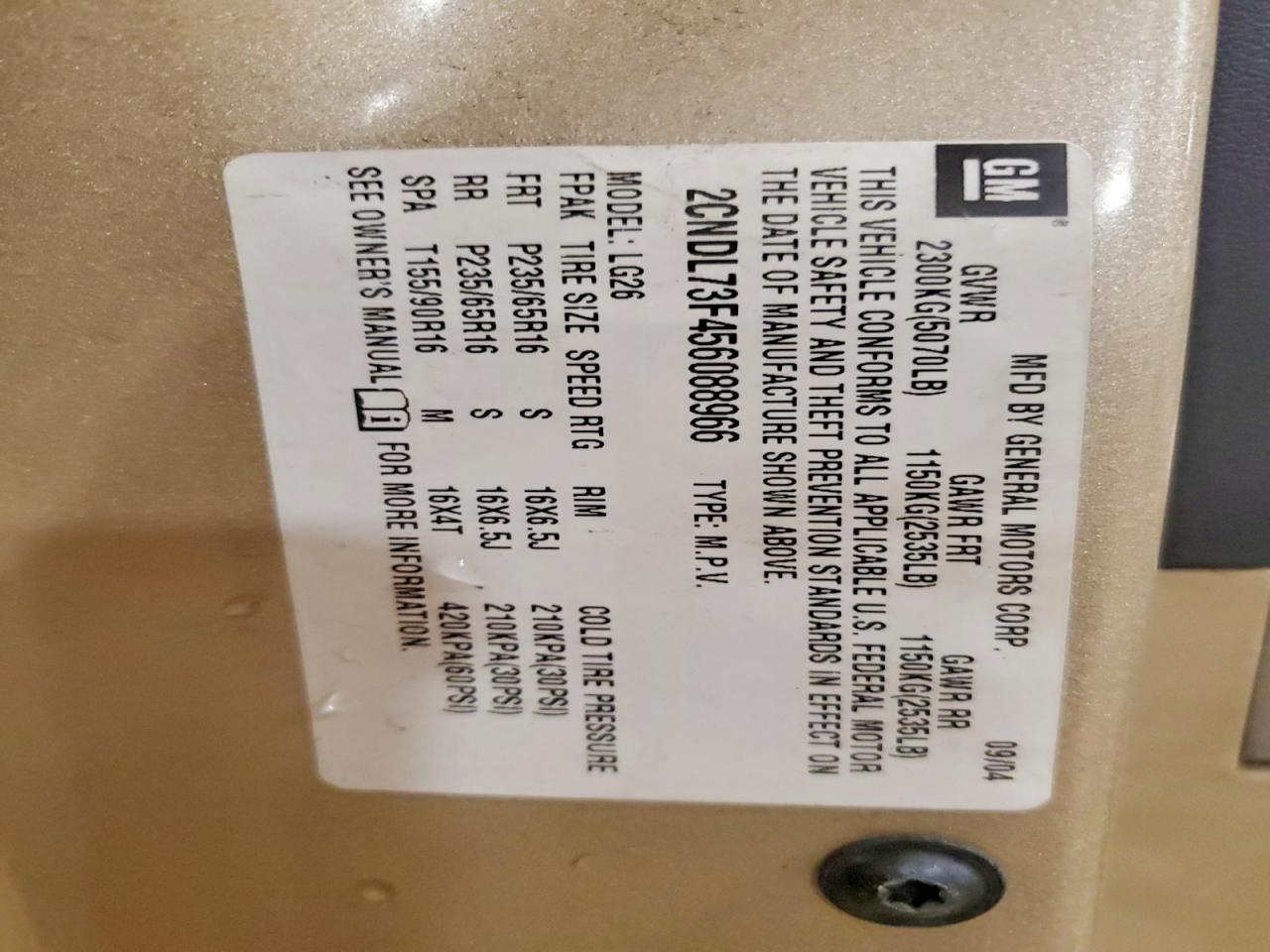 2005 Chevrolet Equinox Lt Tan vin: 2CNDL73F456088966