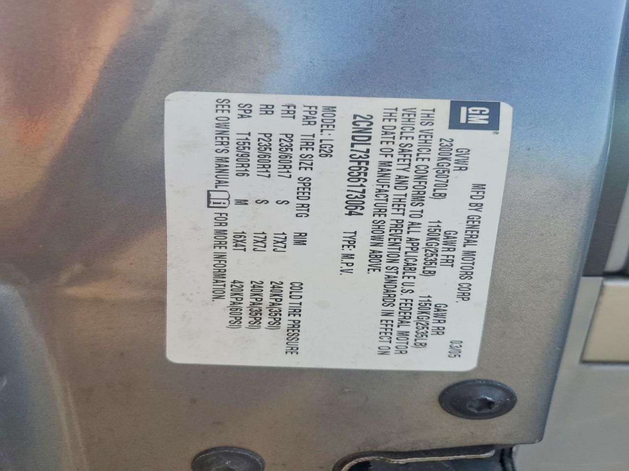 2005 Chevrolet Equinox Lt Gray vin: 2CNDL73F656173064