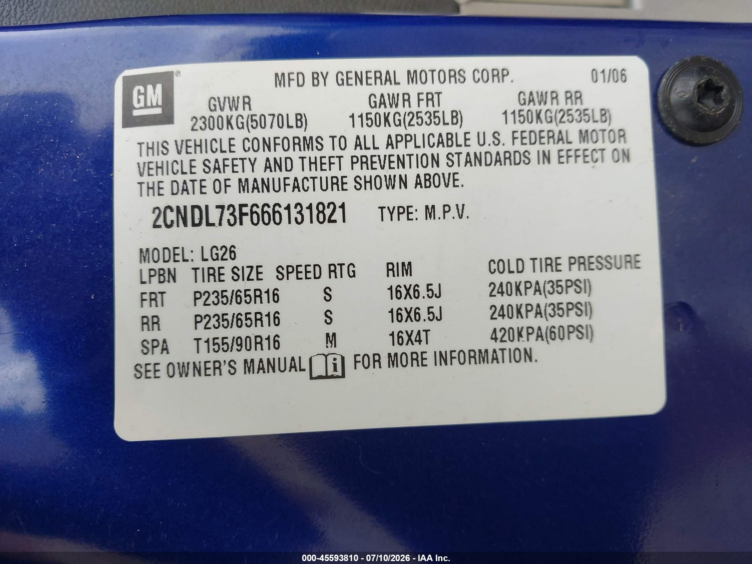 2006 Chevrolet Equinox Lt Blue vin: 2CNDL73F666131821