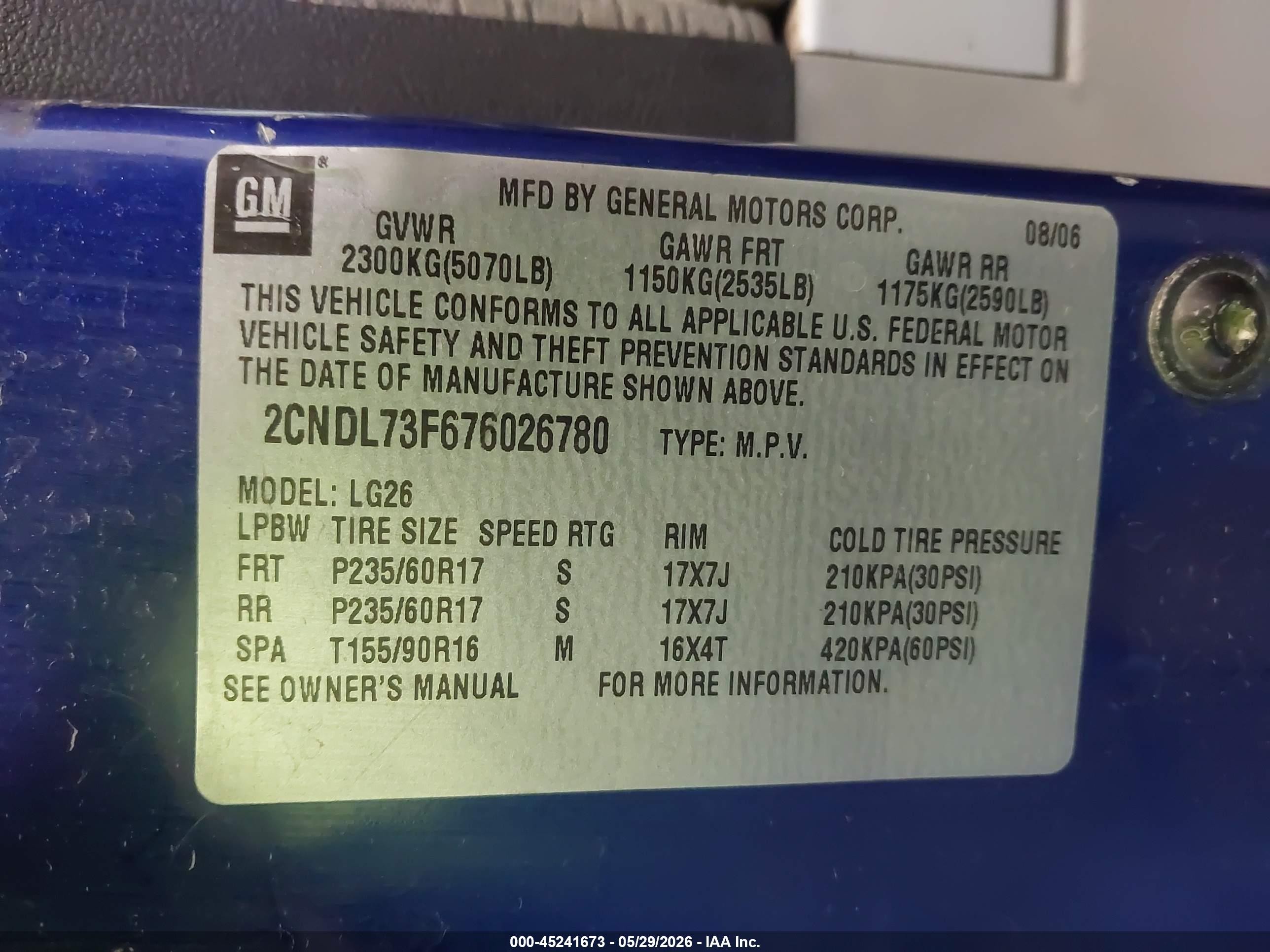 2007 Chevrolet Equinox Lt Blue vin: 2CNDL73F676026780
