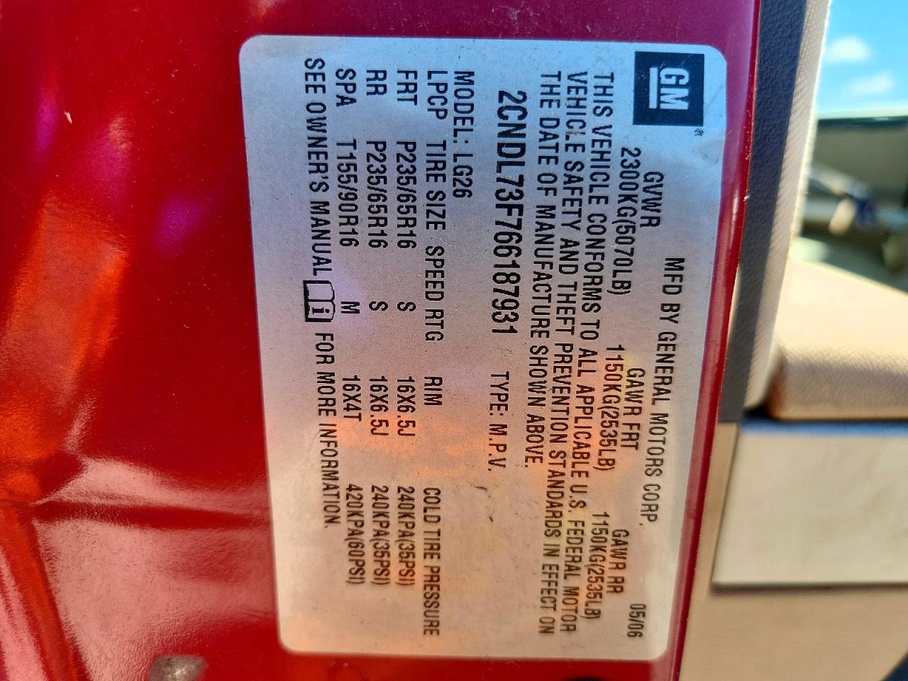 2006 Chevrolet Equinox Lt Red vin: 2CNDL73F766187931