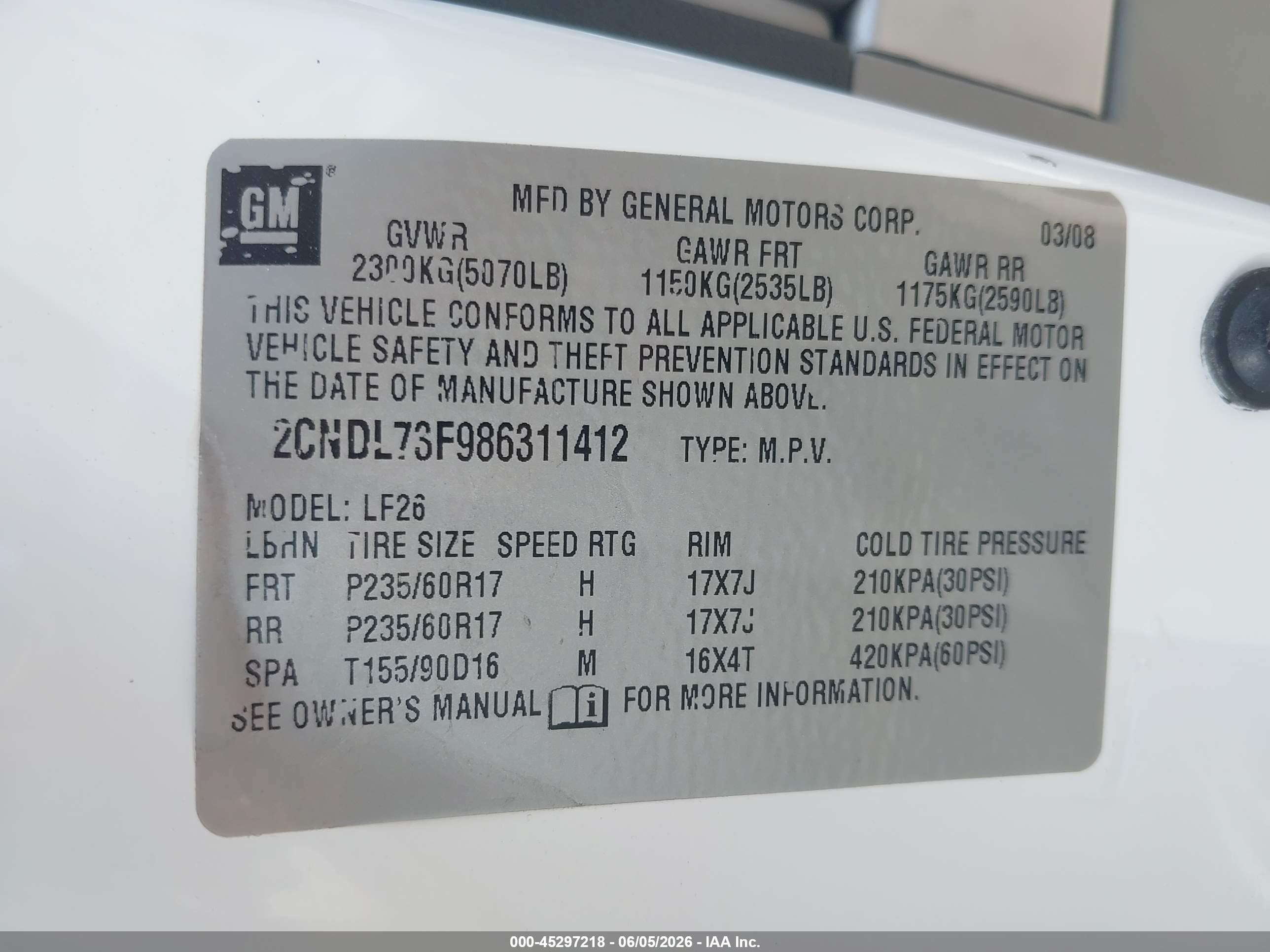 2008 Chevrolet Equinox Ltz White vin: 2CNDL73F986311412